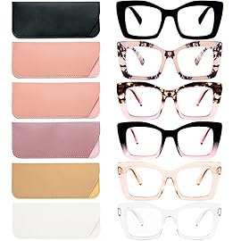 REAVEE 6 Pack Oversized Square Reading Glasses Oprah Style for Women, Blue Light Blocking Large Frame Computer Designer Fashion Readers Spring Hinge with Leather Case,1.5