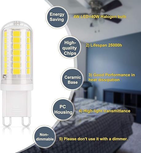 Miniatura 6 de DiCUNO Bombilla LED G9 luz diurna blanca 5000 K, equivalente a halógeno de 4 W 40 W, bombillas de araña T4 G9 con base de dos pines, no regulable,
