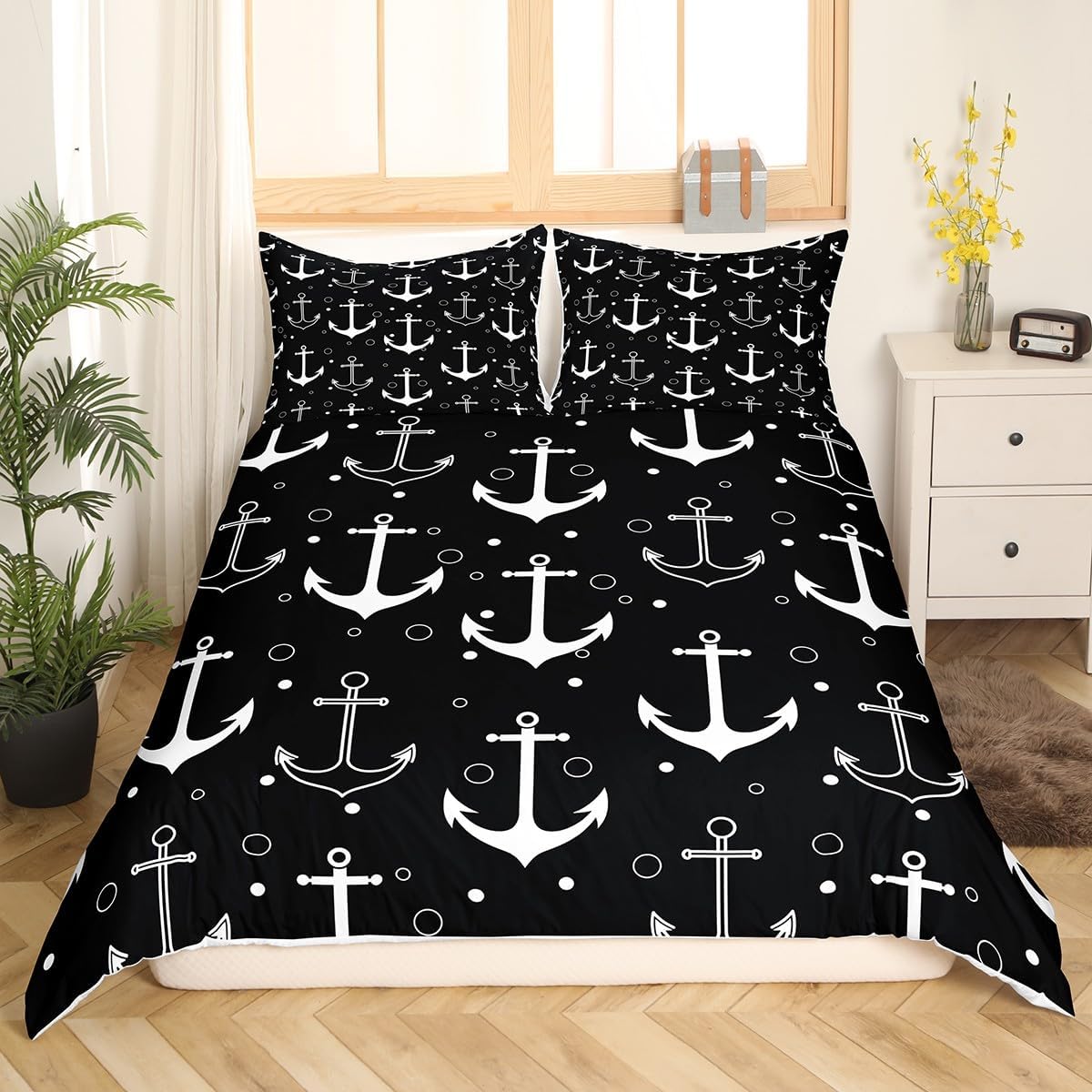 Anchor Duvet Cover Queen Size Black and White Comforter Cover with 2 Pillowcase for Teens Adults Kids Nautical Theme Bedding Set Anchor and Polka Dots Breathable Decorative Bed Cover(No Comforter)