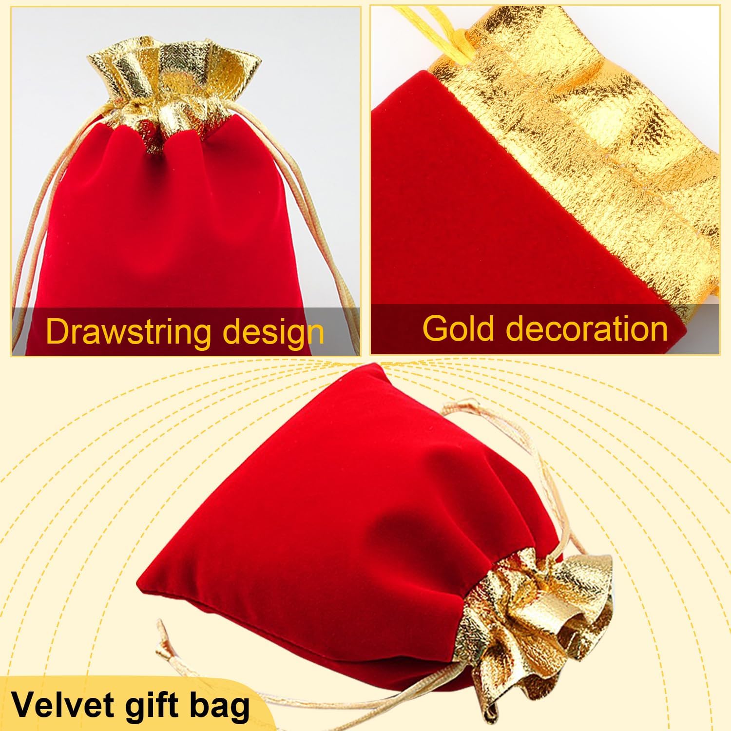 LOSYHU 50 Pack Red Velvet Bags with Drawstrings - 6x5 Inch Jewelry Pouches with Golden Rim Velvet Drawstring Bags for Wedding, Birthday, Party Favor - Image 3