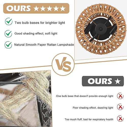 Miniatura 4 de Paquete de 2 lámparas de techo bohemias, 2 luces tejidas a mano de ratán de montaje empotrado, estilo bohemio de granja para cocina, baño,