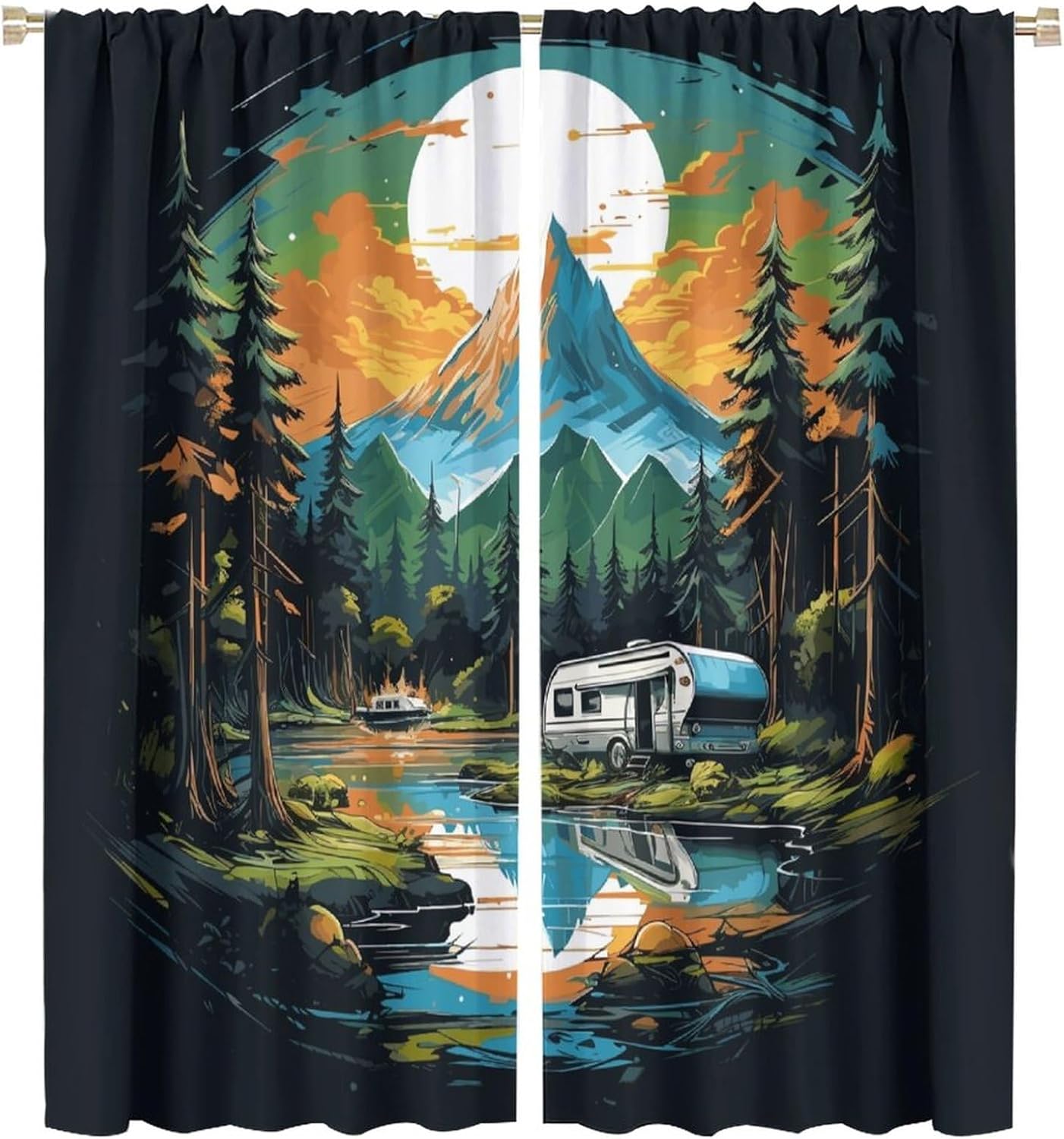 Watercolor Camper Adventure Theme Curtains - Vintage Outdoor Forest Camping Mountains Thermal Insulated Blackout Curtains - Rod Pocket Window Treatment Drapes for Bedroom 2 Panels 63L x 27.5W