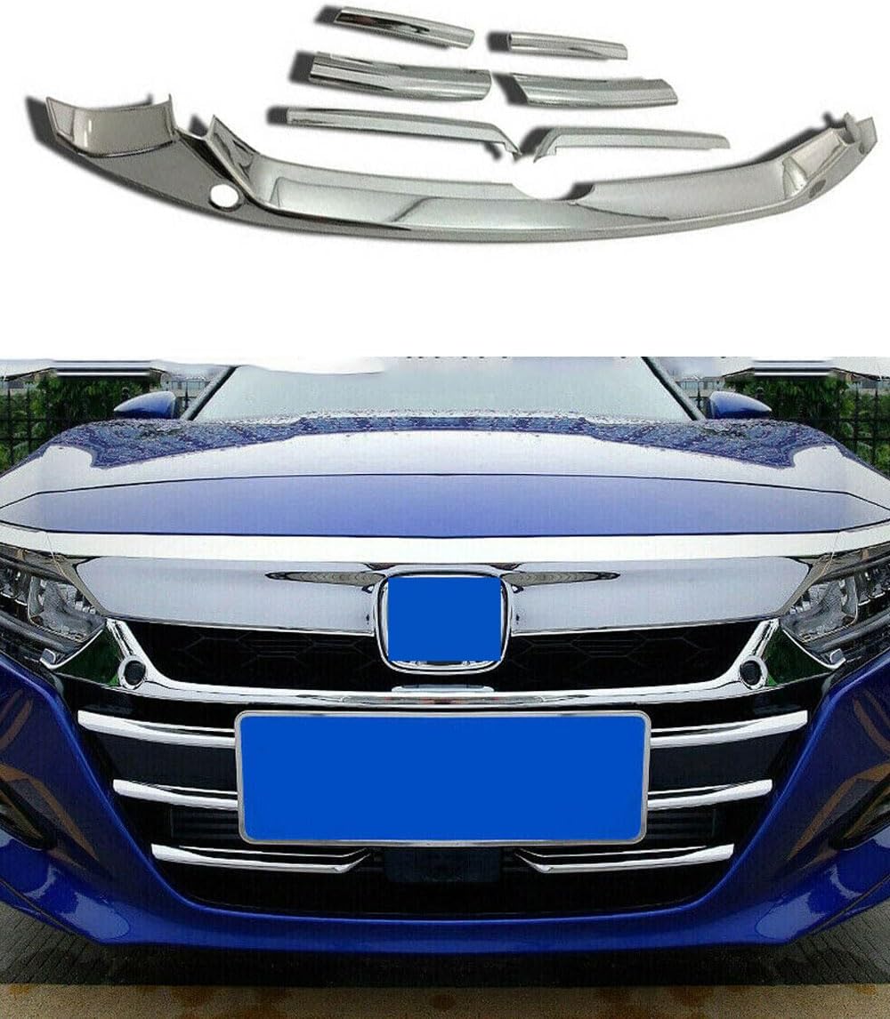 Car Accessories Fit For Honda Accord 10th Gen 2018-2020 Chrome ABS Front Bumper Grill Grille Cover Strip Trim 7PCS Set （With Radar Hole）