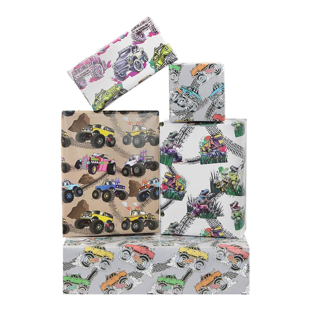 GeluodeMonster Truck Wrapping Paper for Boys Men Kids, Racing Car Birthday Gift Wrap, Monster Truck Designs Gift Wrapping Paper 8 Sheets Folded Flat 20 x 28 Inches for Birthday Baby Shower Holiday
