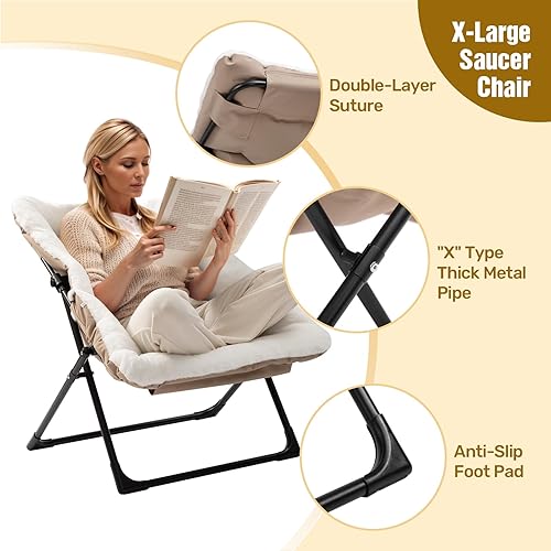 Miniatura 5 de HollyHOME Silla platillo XL, cómoda silla plegable de gran tamaño, silla de lectura de piel sintética para adolescentes, adultos, silla perezosa