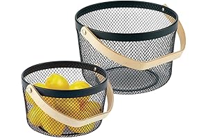 mDesign Farmhouse Metal Storage Organizer Basket Bin with Wood Handles