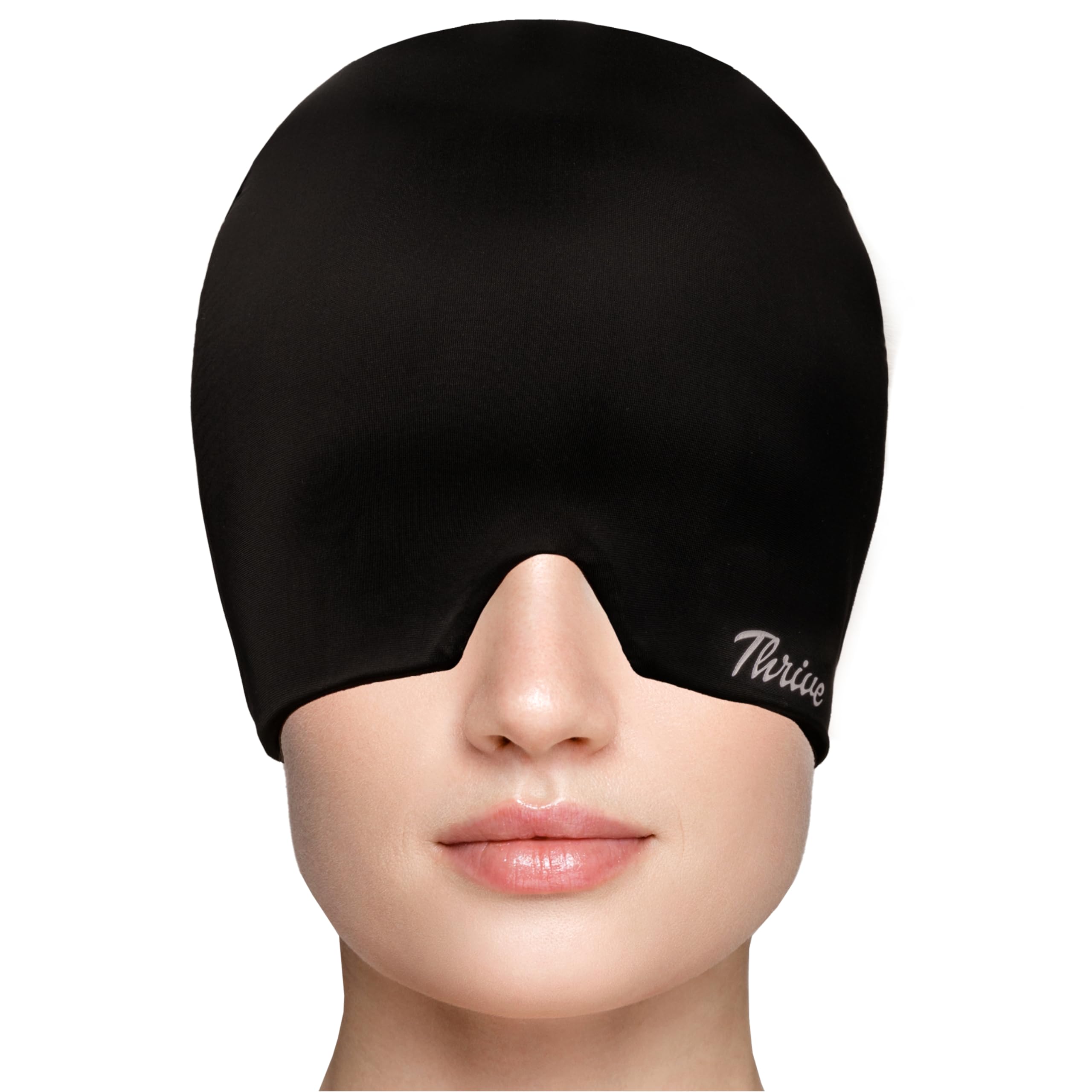Thrive Gorro de gel para aliviar el dolor de cabeza, color negro, para terapia de frío, compresa, dolor de cabeza sinusal, alivio del estrés, ojos hinchados, máscara de hielo fresco para la cabeza,
