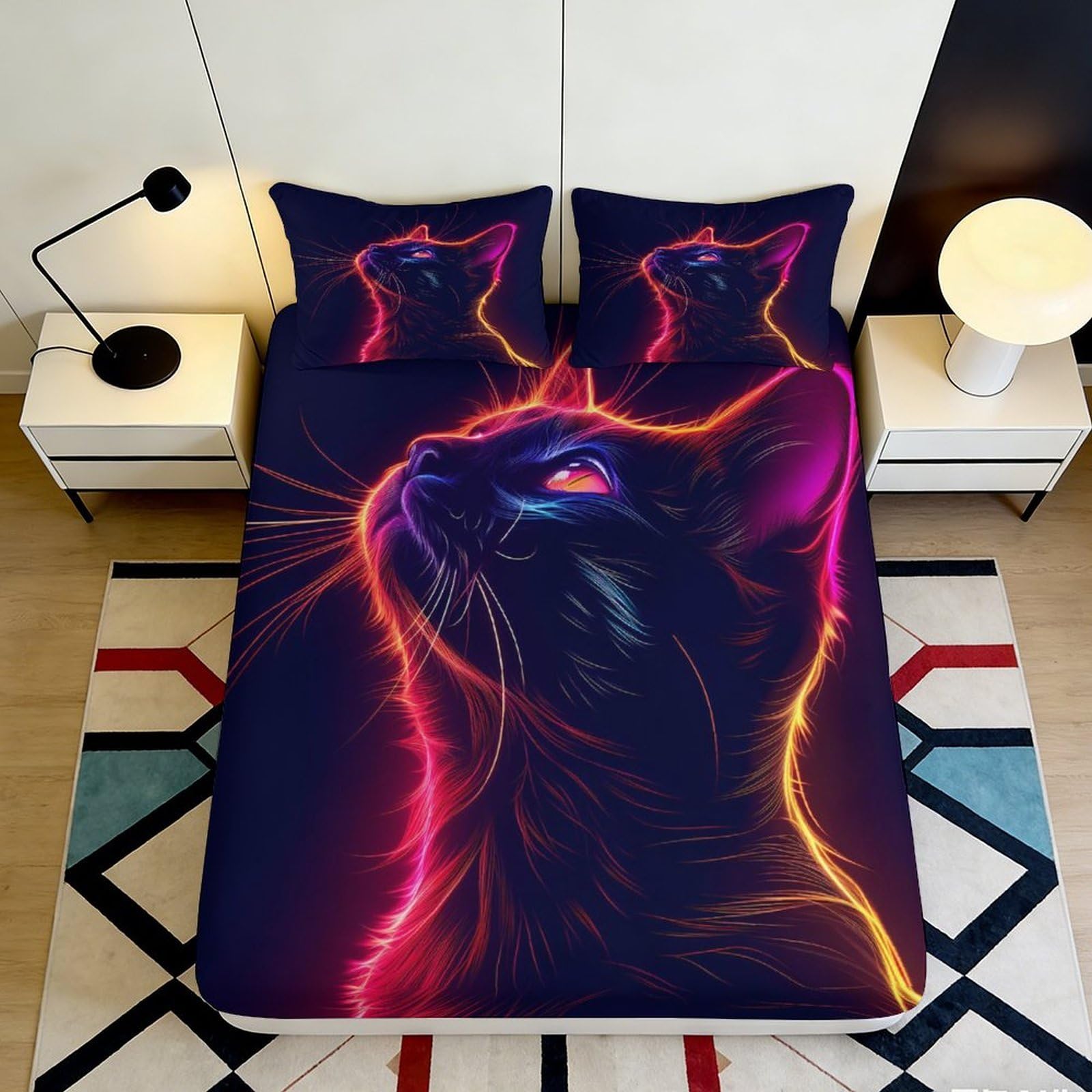 3D Printed Neon Cat Fitted Sheet Microfiber Bed Cover Vibrant Animal Pattern for Bedroom Guest Room Mattress 90x200x25cm