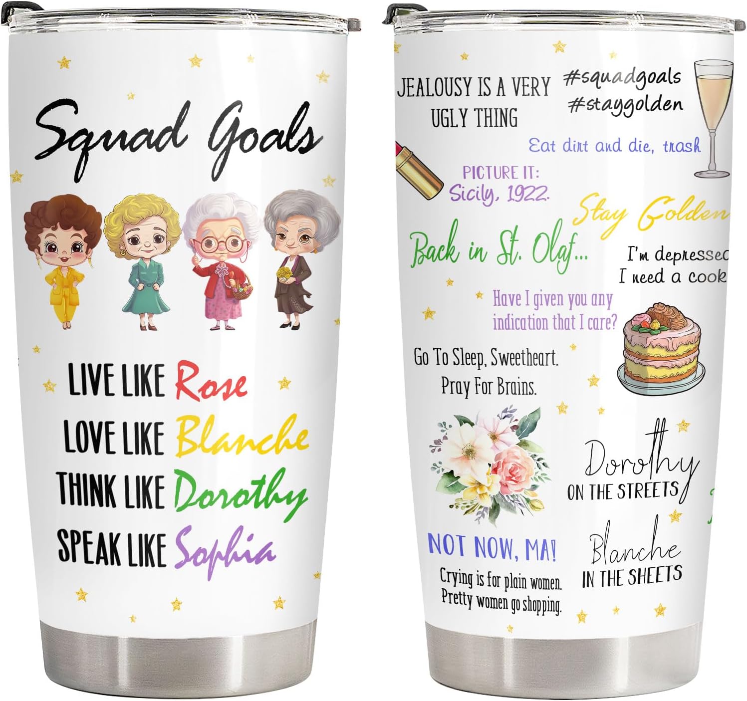 34HD Golden Girls Squad Tumbler 20oz with Lid, Funny Retro TV Show Insulated Travel Coffee Mug for Fans - Birthday Gift for Friends, Friendship and Besties