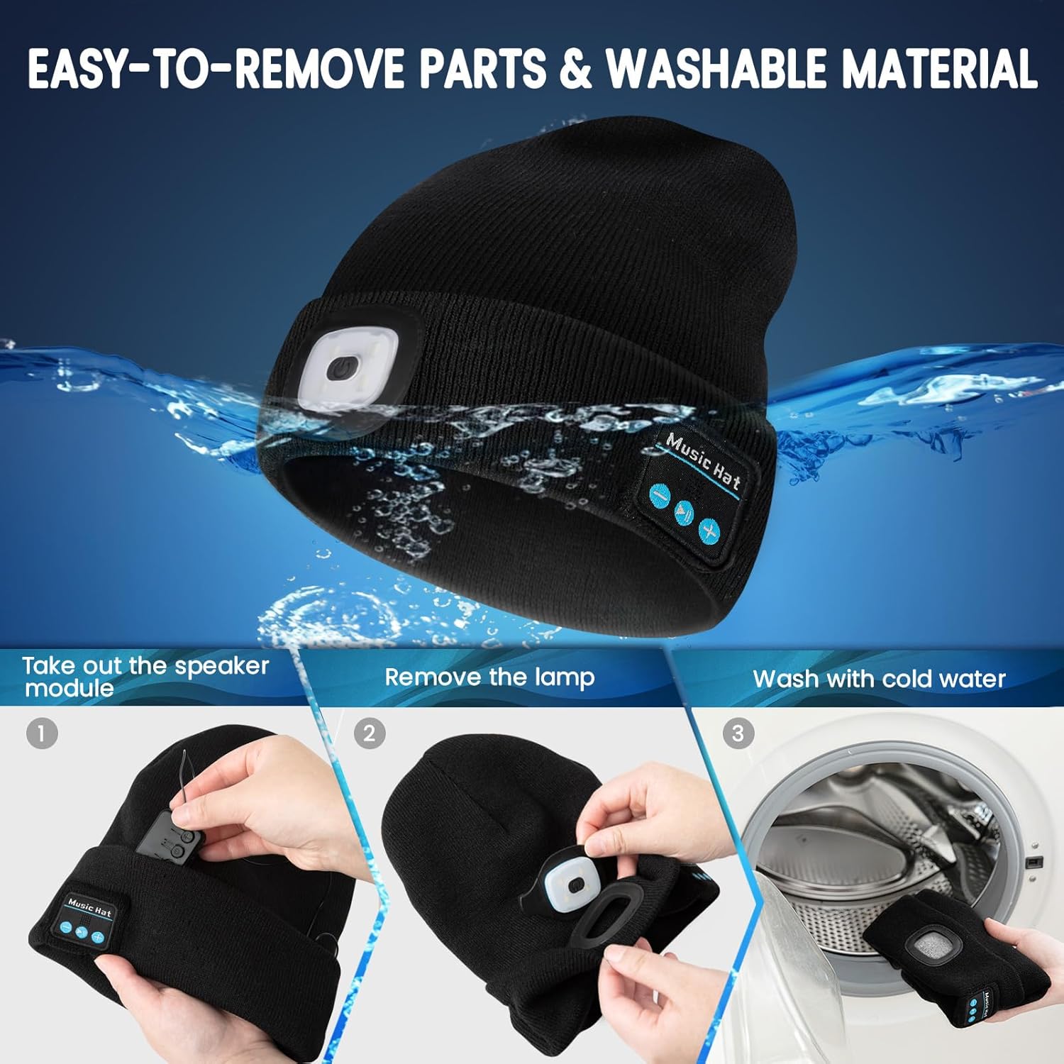 VIBELITE Bluetooth Beanie Hat with Light, Gifts for Men, USB Rechargeable LED Headlamp with Wireless Headphones, Birthday Gifts for Men, Dad, Him, Teen Boys, Husband, Women, Boyfriend, Black