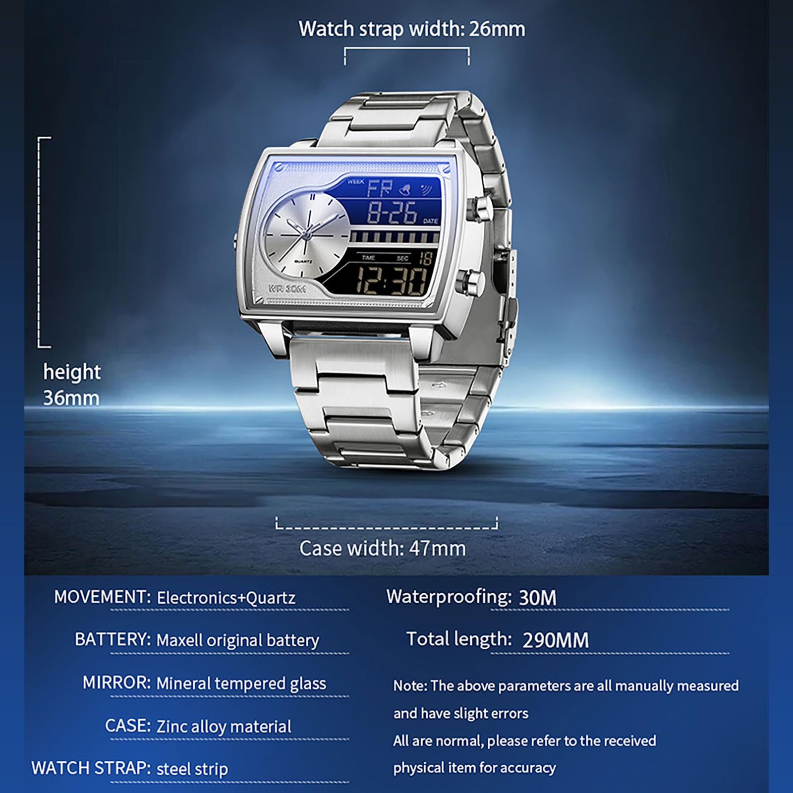 findtime Orologio da uomo rettangolare retrò lussuoso orologio da polso da uomo digitale analogico al quarzo classico business casual tre fuso orario impermeabile illuminato grande quadrante per