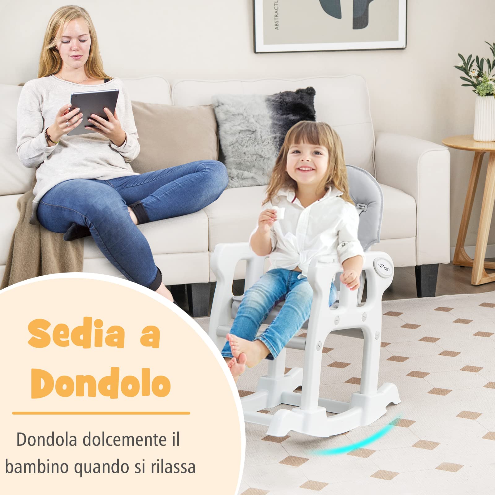 COSTWAY 3 in 1 Seggiolone Pappa Bambini, Seggiolone Neonati con Vassoio Rimovibile, Sedia e Tavolo Convertibile Ragazzi, Schienale Regolabile, Cintura di Sicurezza, per Bambini 6-36 Mesi (Grigio)