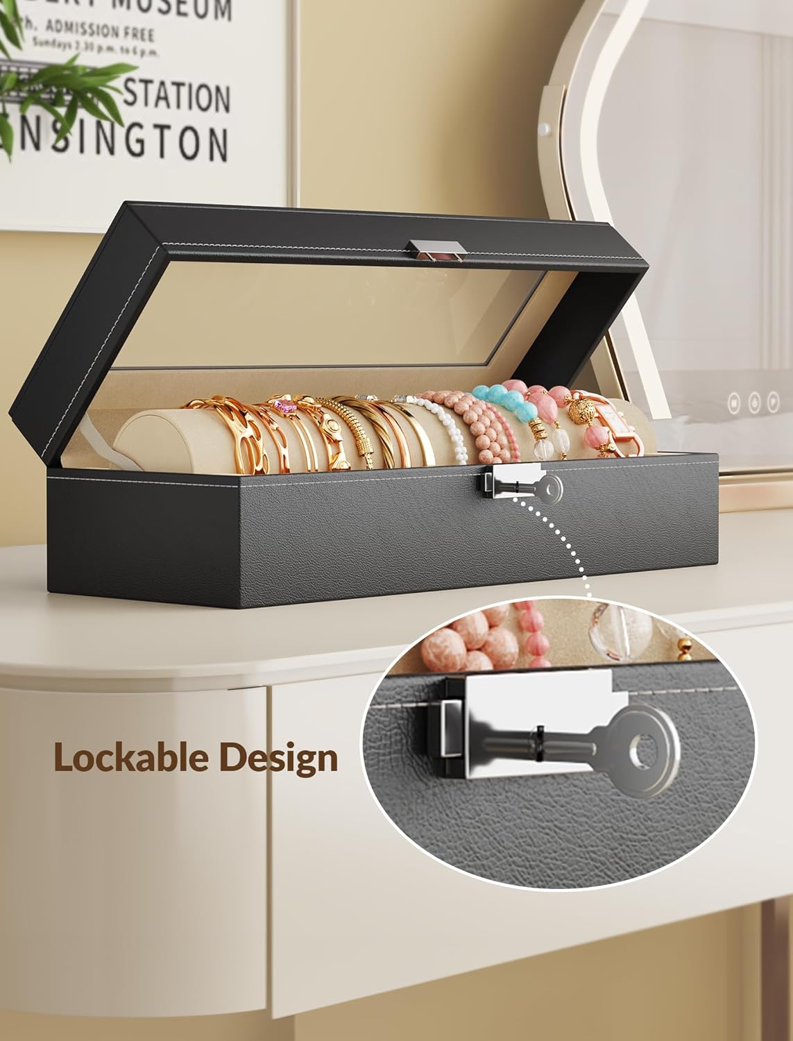 NiHome Bracelet Organizer & Bangle Box Lockable, Clear Lid Jewelry Storage Case with Rod for Bracelet Holder Display & Storage, Bangle Watches Organizer Box for Women Girls - PU Leather & Soft Selvet - Image 3