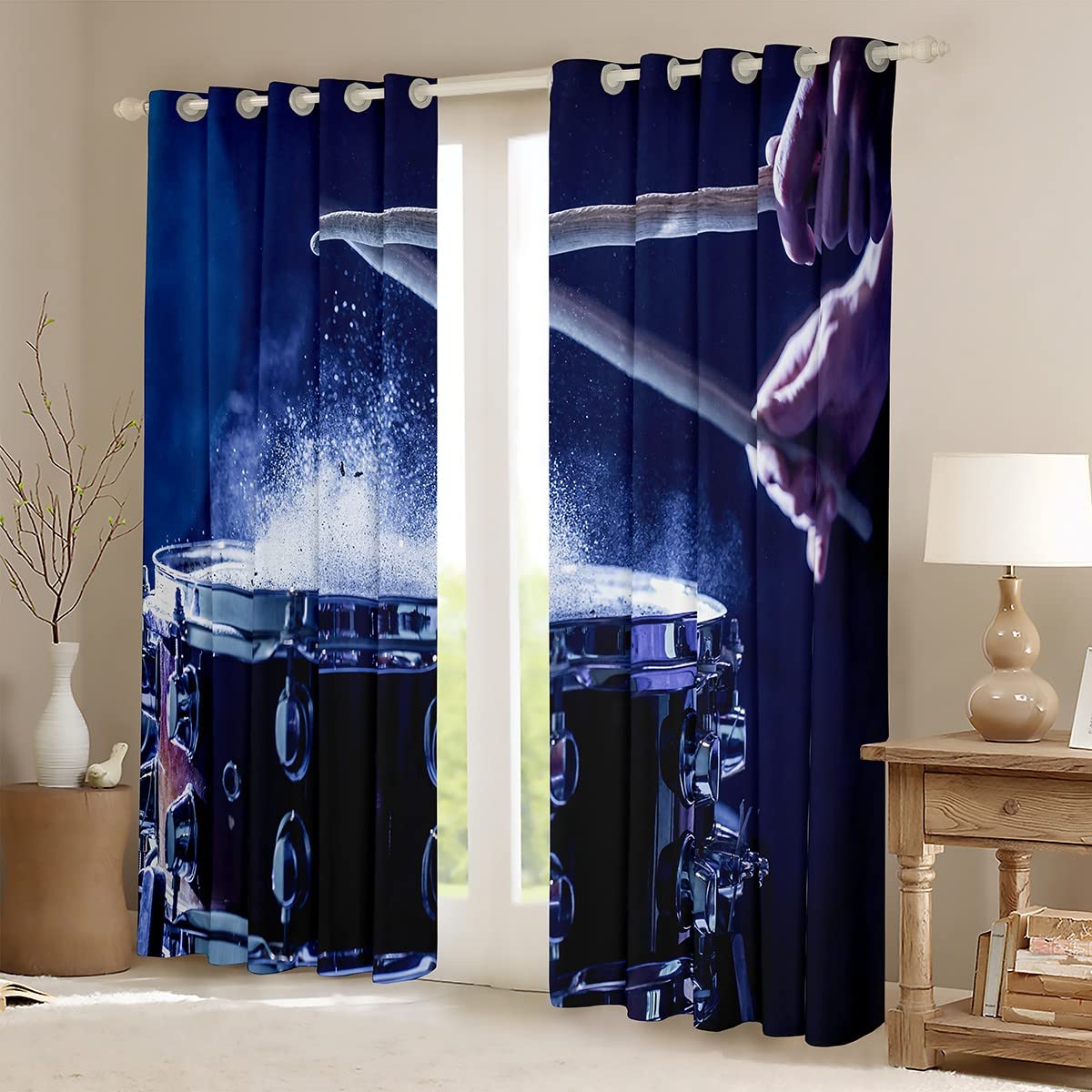 Rock Music Dreapes Drum Kit Tende per camera da letto soggiorno bambini ragazzi ragazze adolescenti strumenti musicali Tende oscuranti (30% -50%) Hip Hop Blue Window Trattamenti W52 x L90