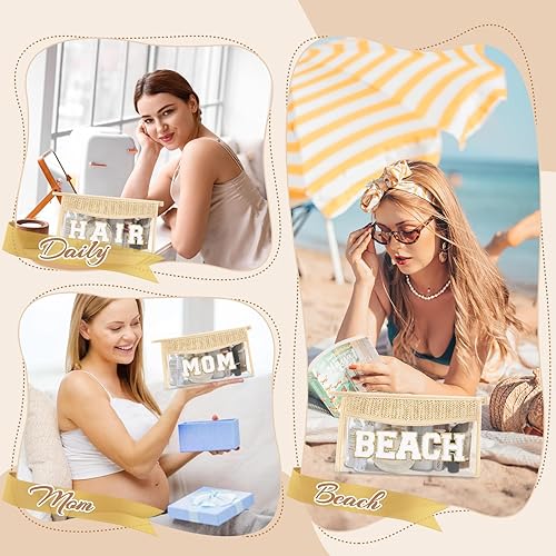 Miniatura 6 de UIXIZQ Pequeñas bolsas de maquillaje transparentes de paja bohemia para mujeres y niñas, bolsa de cosméticos con cremallera de chenilla, bolsa de