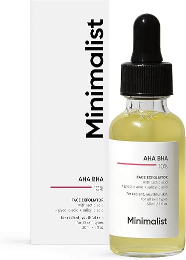 Minimalist 10% AHA BHA Exfoliating Serum For Beginners, AHAs (Lactic Acid & Glycolic Acid) & BHA (Salicylic Acid) Serum, 30ml
