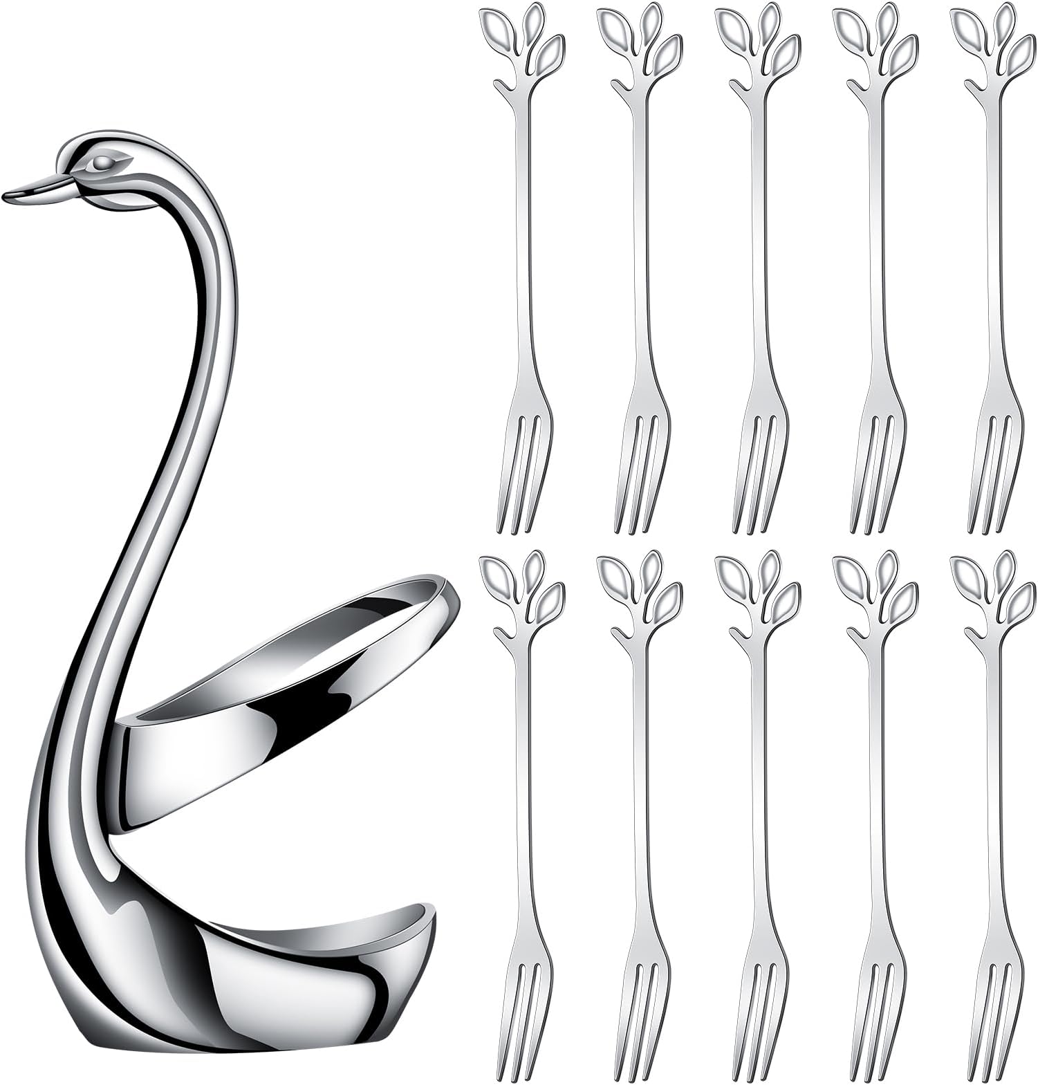 AnSaw Elegant Swan Base Holder Set with 10 pcs Silver Leaf 4.7" Stainless Steel Mini Forks for Appetizer, Fruit, Dessert, Cake & Salad
