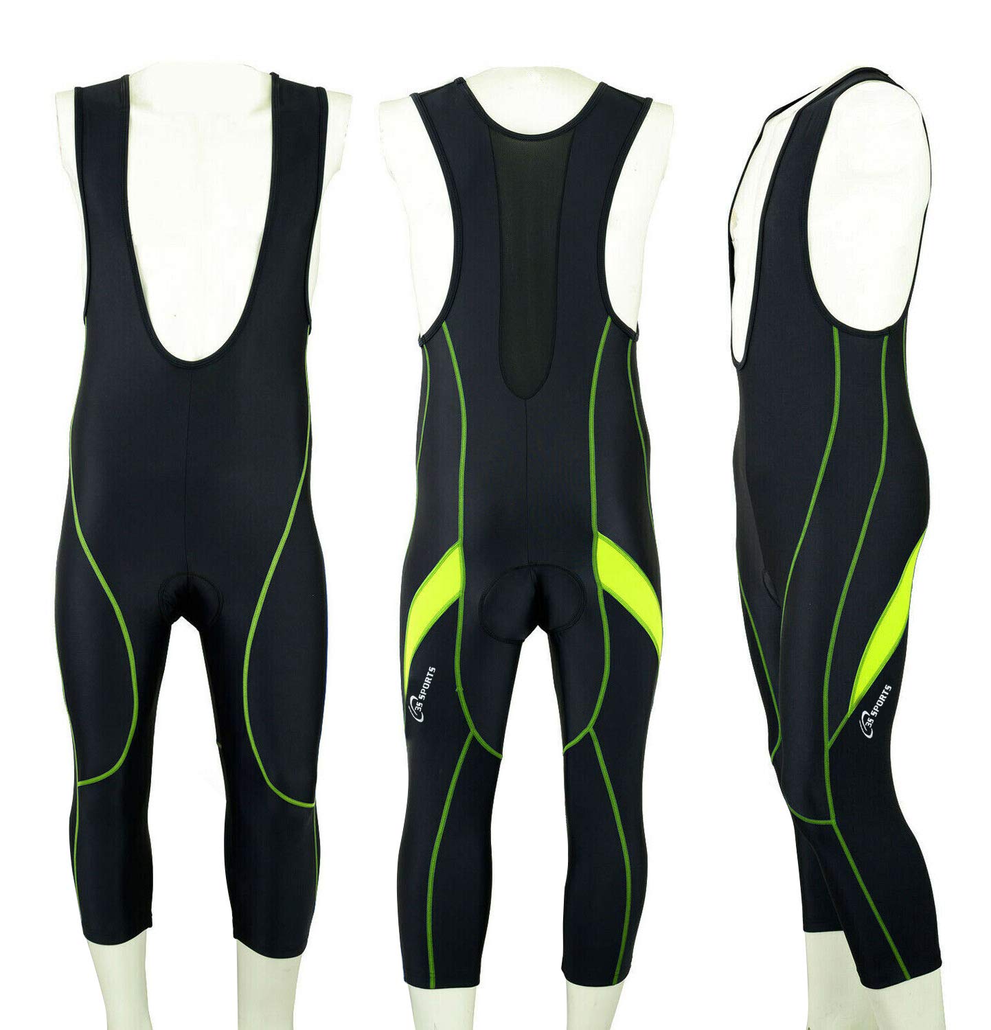 Z Sports Men's Black/Fluorescent Cycling Bib Shorts Bike Tights Coolmax Padded 3/4 Bibs With Reflective Logo For Biking Sports Racing