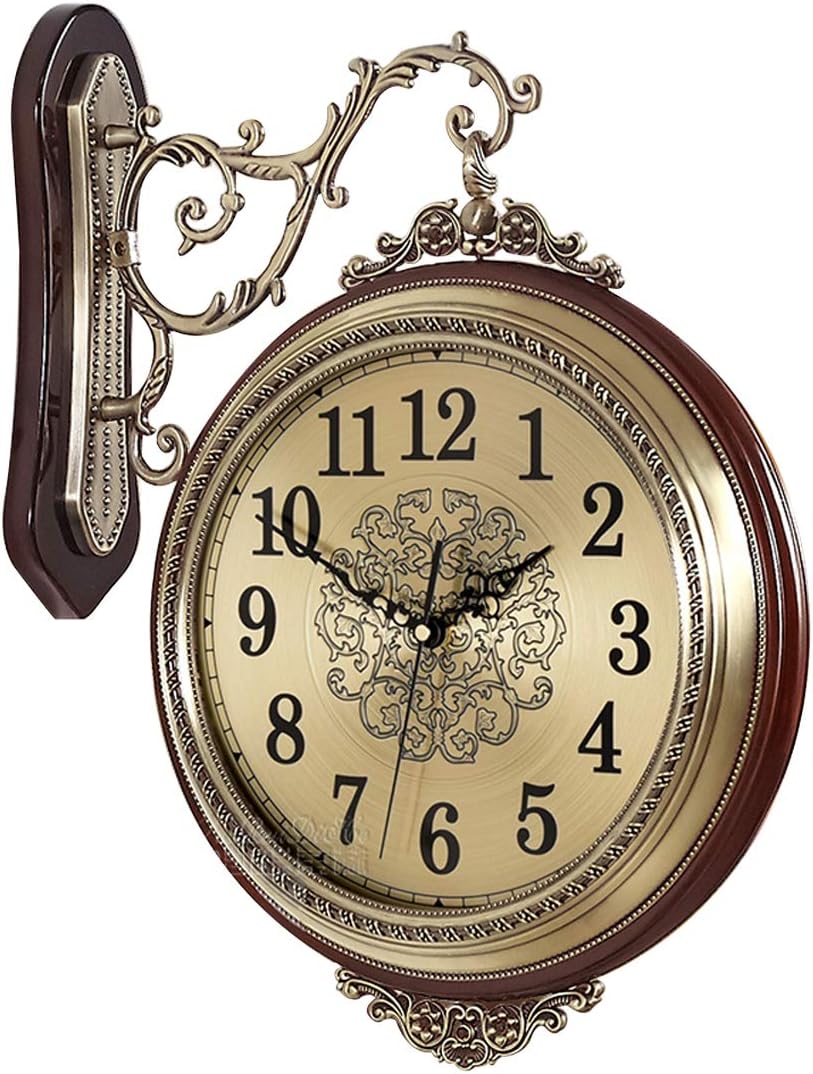16'' Large Wall Clock Double Sided Clocks 360° Battery Operated Clock Luxury European Style Non-Ticking Silent Clocks for Living Room Decorative/Bedroom/Kitchen