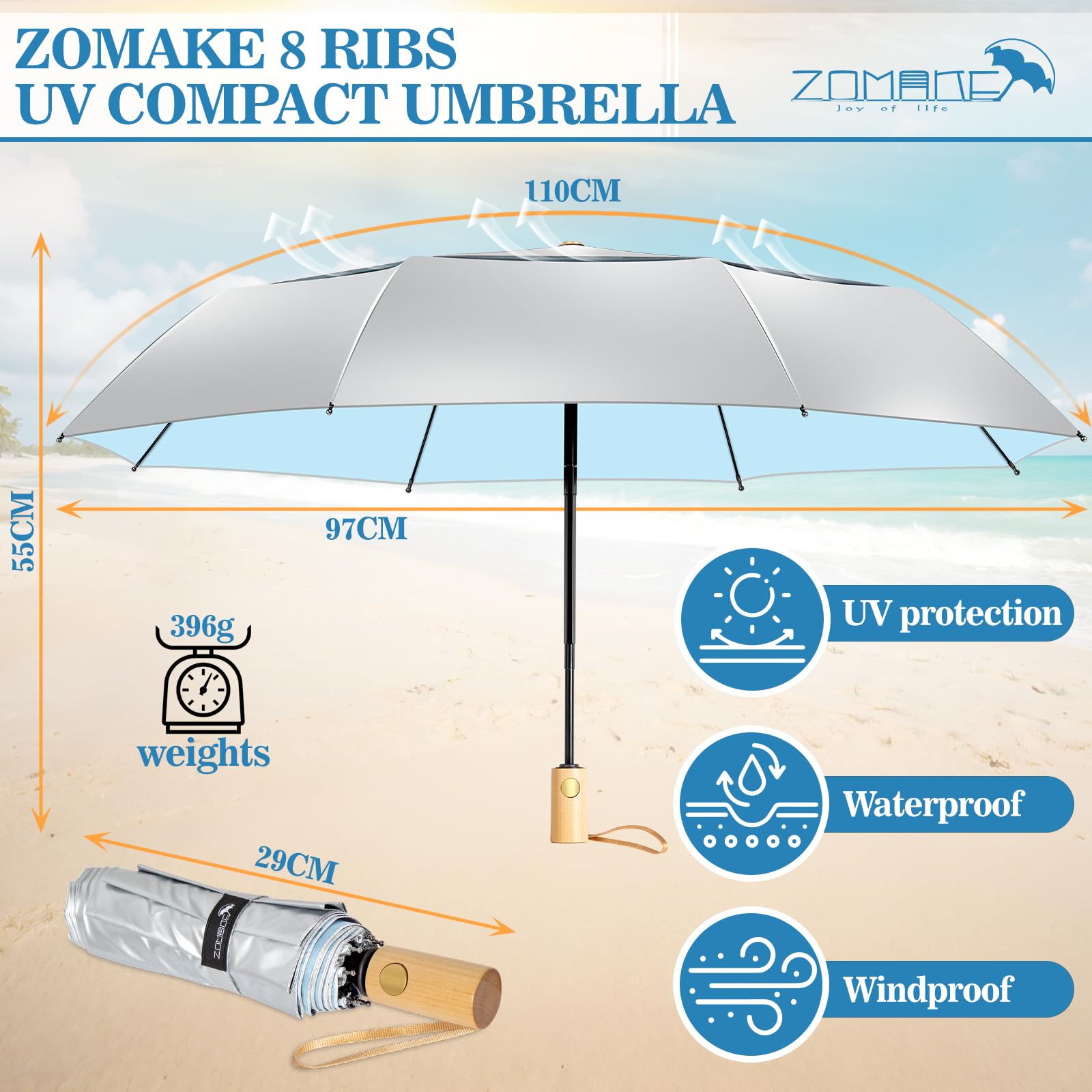 ZOMAKE Parasol Anti Uv,Paraguas Plegable AutomáTico De Sol,Paraguas Compacto Con Mango De Madera Para Hombre Mujer