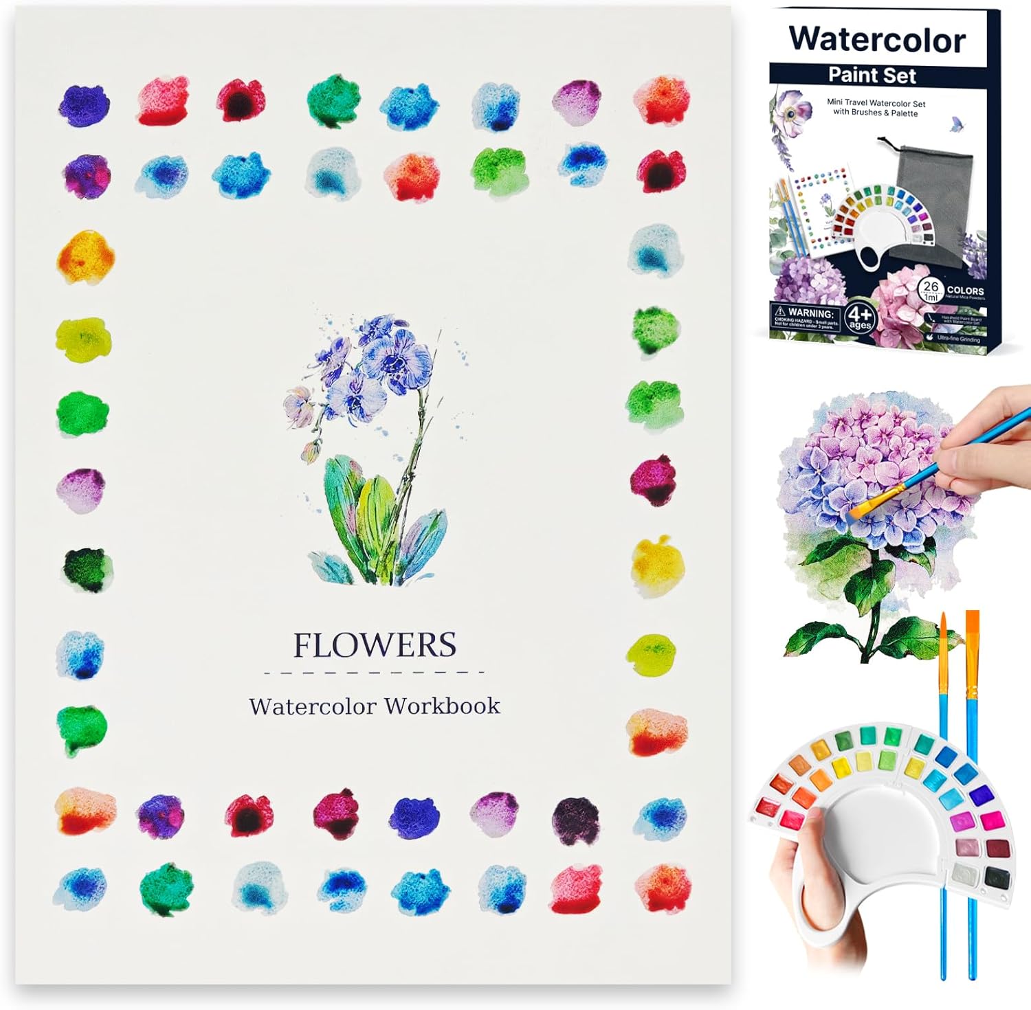 DPDPPL Watercolor Workbook for Adults: 13 Pages 300GSM Paper, 26 Colors Paint Set, Brush & Bag - Beginner Flowers Coloring Book