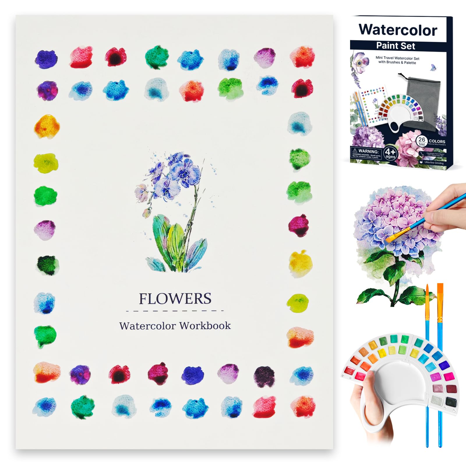 Aquarell-Arbeitsbuch, Wassermalbuch mit 13 Seiten, 300 g/m² Papier, 26 Farben, Aquarellfarben-Set mit Pinsel und Aufbewahrungstasche, Anfängerfreundliches Malbuch für Erwachsene