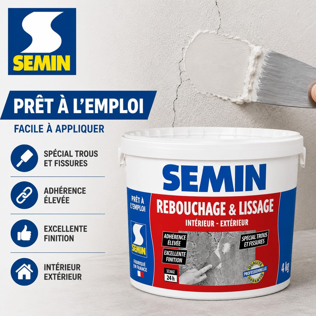 SEMIN Kit Rebouchage & Lissage 2 x 4 kg – Enduit en Pâte Intérieur/Extérieur Spécial Trous & Fissures + Couteaux à Enduire 10 cm & 15 cm – Prêt à l’Emploi – Finition Lisse Professionnelle
