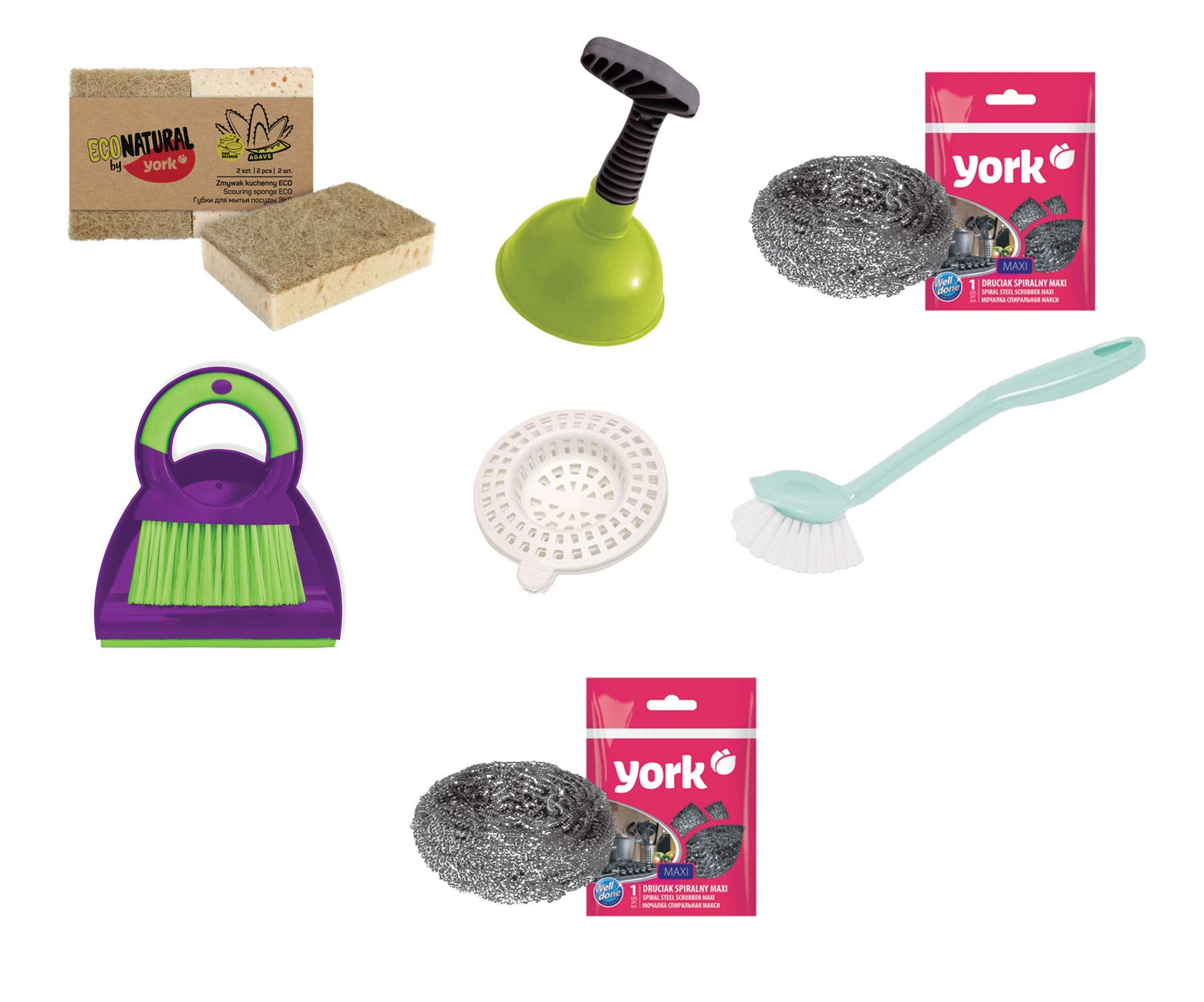 YORK Kitchen Scouring Sponge Eco 2 Pcs + Dish Brush + Sink Drainer + Table Brush With Dustpan + Plunger With Plastic Holder for Kitchen Sink + Spiral Steel Scrubber Maxi 2 Pcs (B08PQQPFHC) Amazon Price History, Amazon Price Tracker