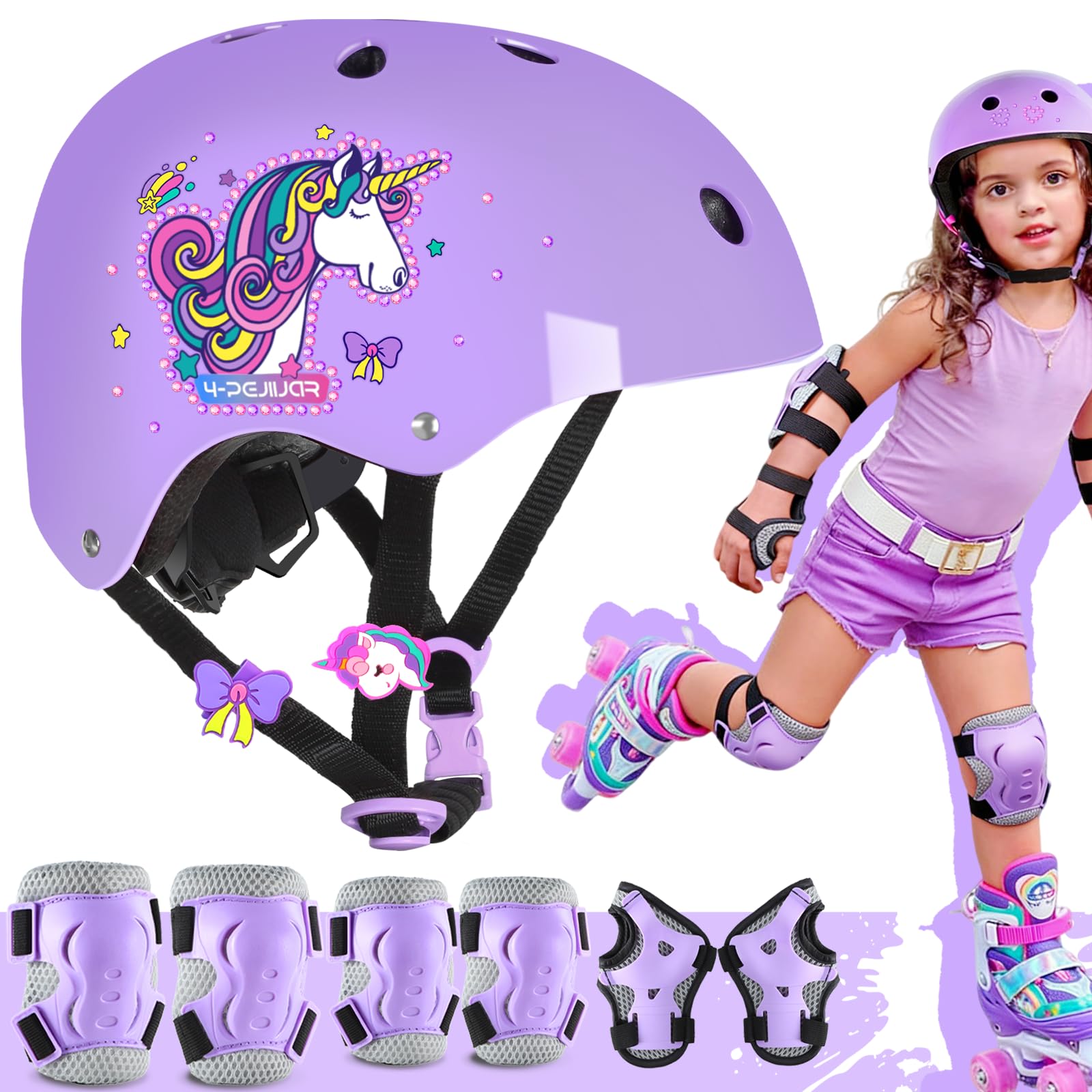 Einhorn Fahrradhelm Kinderhelm für Mädchen Skatehelm Verstellbar mit Knieschoner Kinder Protektoren Schutzausrüstung Set für Rollschuhe Scooter Fahrrad Skateboard