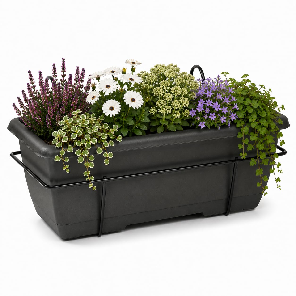 50cm Anthracite Railing Planter Box with Metal Hanging Bracket, Balcony Fence Hanging Flower Pot, Weather Resistant Outdoor Window Box Planter for Balconies, Fences, Railings, Patios & Gardens