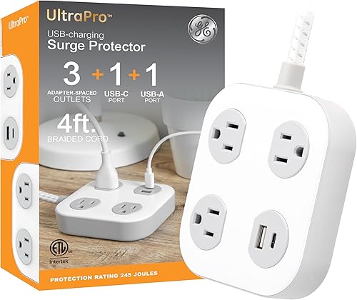 GE UltraPro - Protector SurGE de 3 salidas con cable trenzado de 4 pies, tira de alimentación, cable de extensión, enchufe plano, 1 puerto USB-A y 1