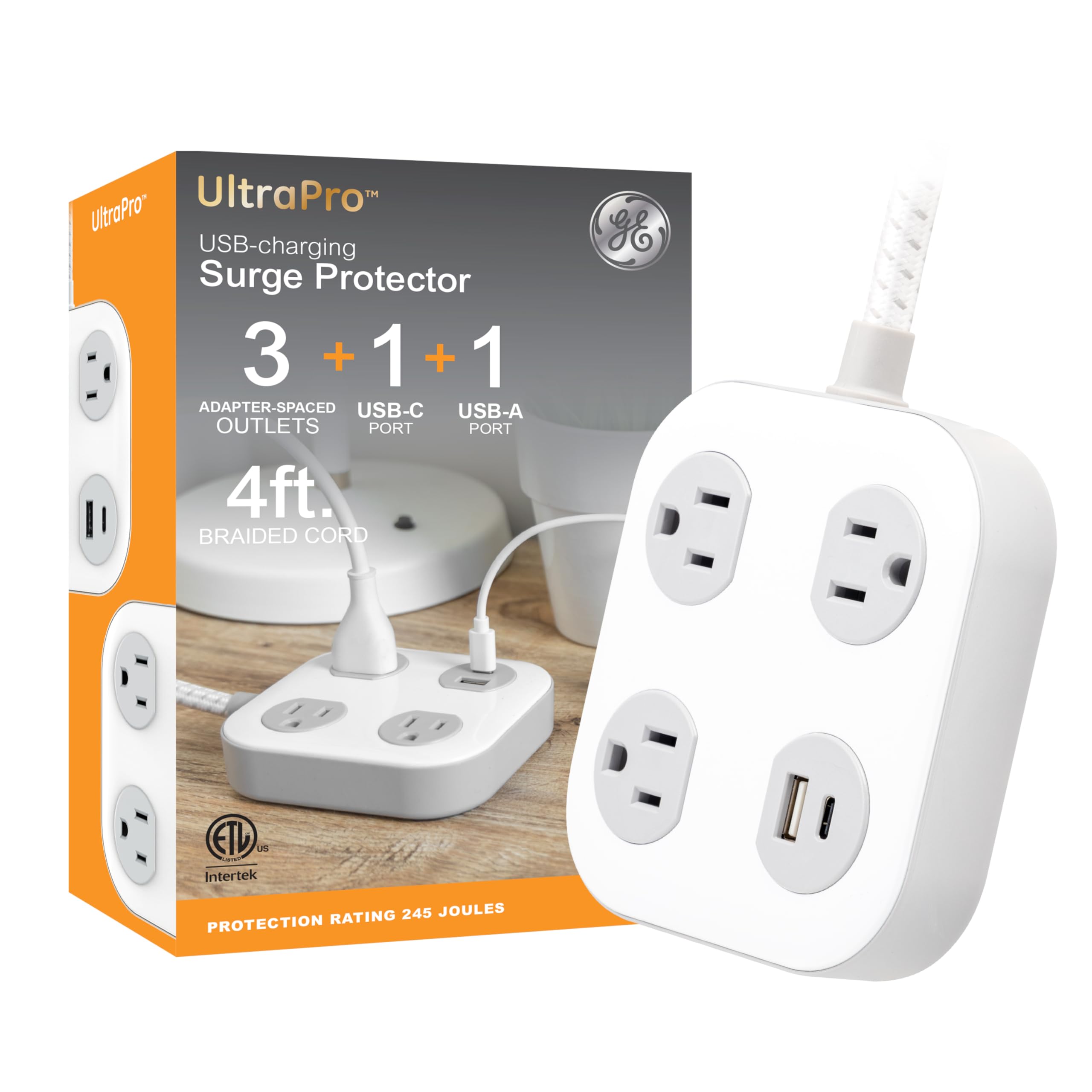 GE UltraPro 3-Outlet Surge Protector with 4ft Braided Cord, Power Strip, Extension Cord, Flat Plug, 1 USB-A & 1 USB-C Port, 245 Joules, for Home School & Office, Charging Station, White – 81786
