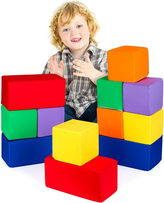 Bloques de construcción de espuma para niños pequeños, 12 piezas cubiertas de tela en 2 tamaños, juegos de bloques apilables, colorido juego suave para niños, idea para construir y lanzar diversión, color azul