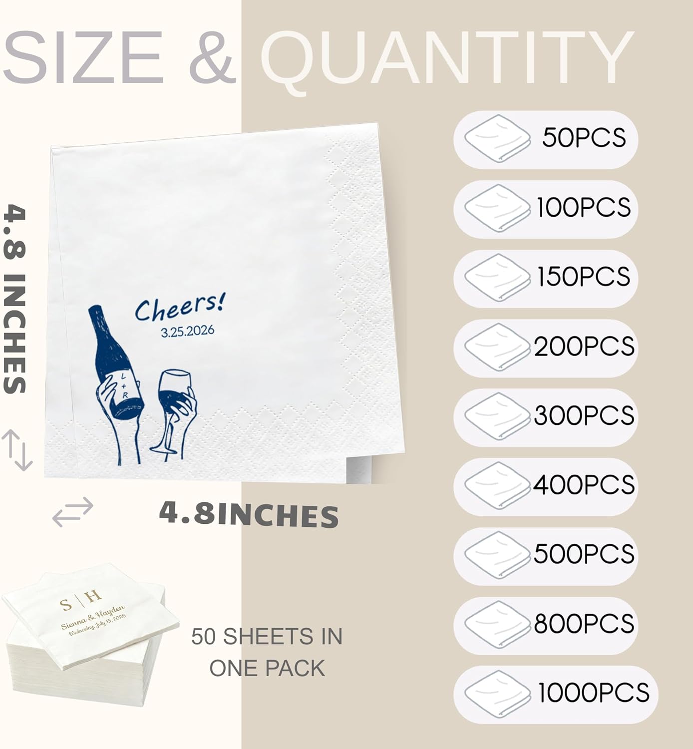 Personalized Wedding Cocktail Napkins | Custom Napkins with Name & Date, 3 ply Customized Paper Napkins for Wedding, Cocktail, Engagement Party, Bridal Shower & Anniversary (party-02)