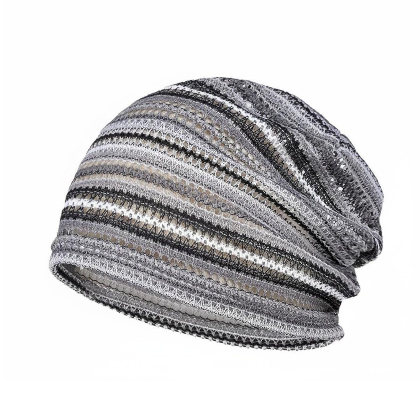 URJIX Soft Breathable Summer Beanie Lightweight Striped Beanie Double-Layer Openwork Knit Hat Retro for Women, Black Gray Beige-image-42