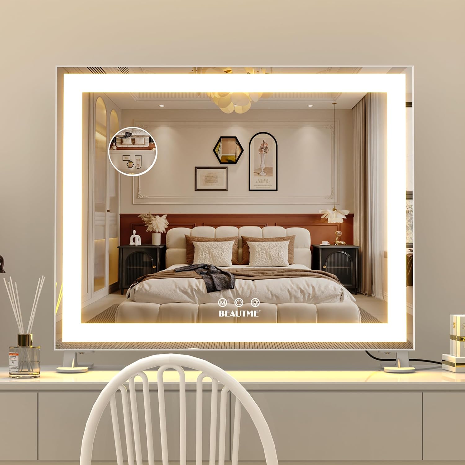 BEAUTME Vanity Mirror With LED Lights - Tabletop Hollywood Makeup Mirror for Bedroom - Aluminium Frame, 48.540.5cm, White