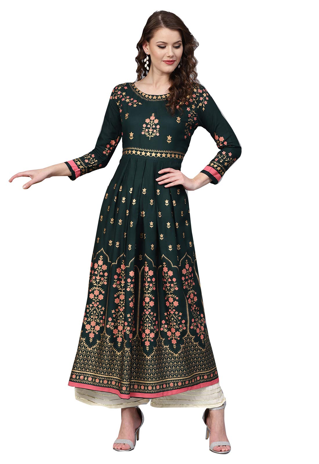 Ishin Women's Rayon Green Printed Anarkali Kurta