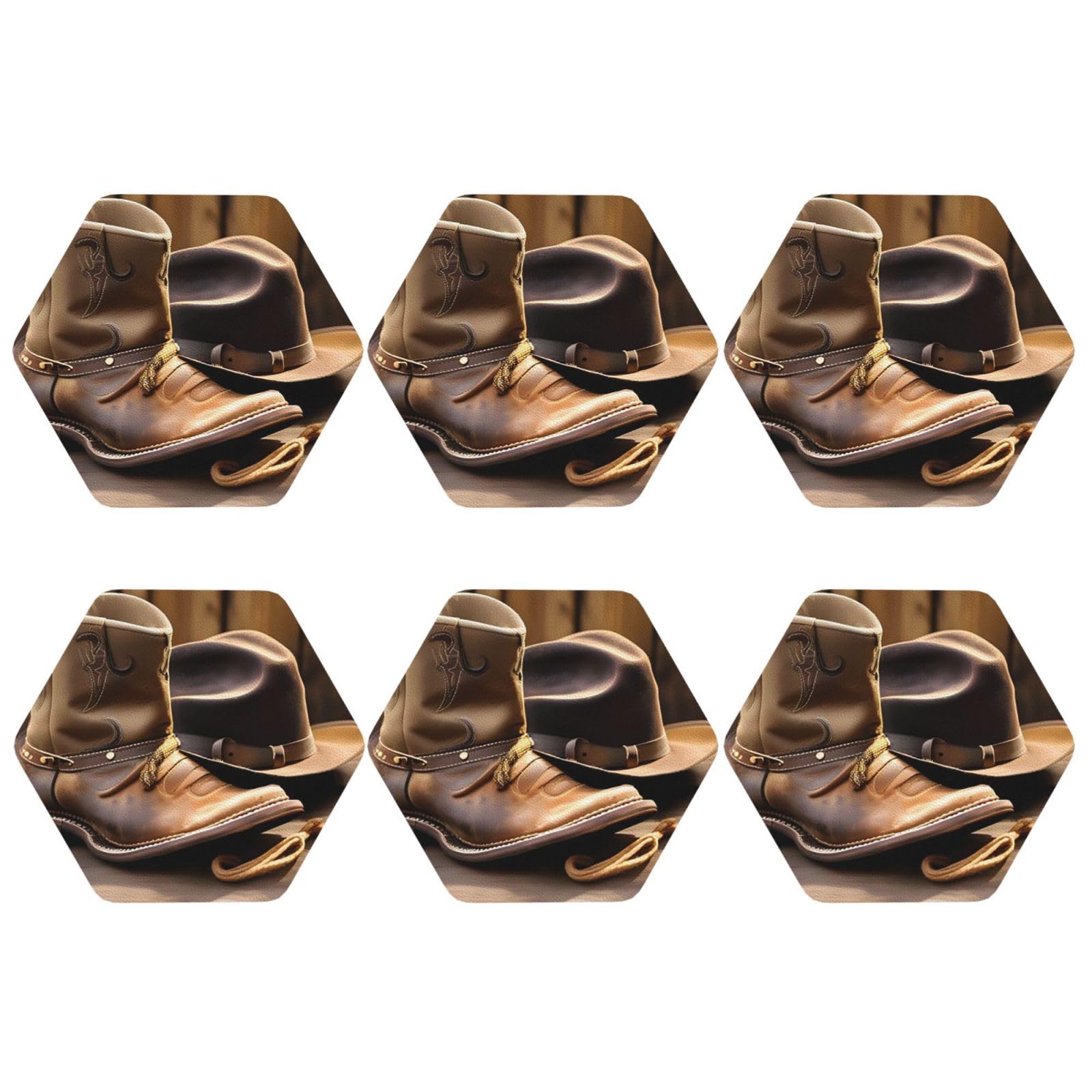 6pcs Leather Coasters for Drinks, Cowboy Hat and Boots Drink Coasters for Tabletop Protection, 4" Cup Coasters for Coffee Table Decor, Non-Slip Drinking Cup Mat for Hot Or Cold Drink