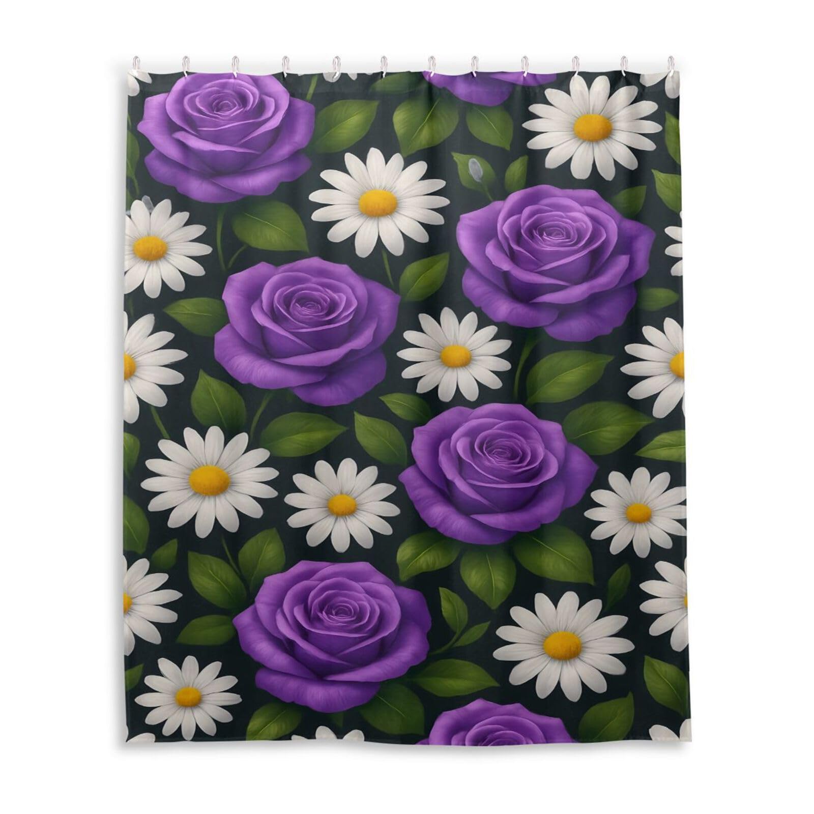 DUOBU Purple Roses White Daisies Shower Curtain Washable Waterproof Fabric Bath Curtain 60x72Inch Shower Curtains with Hooks for Bathroom Decor