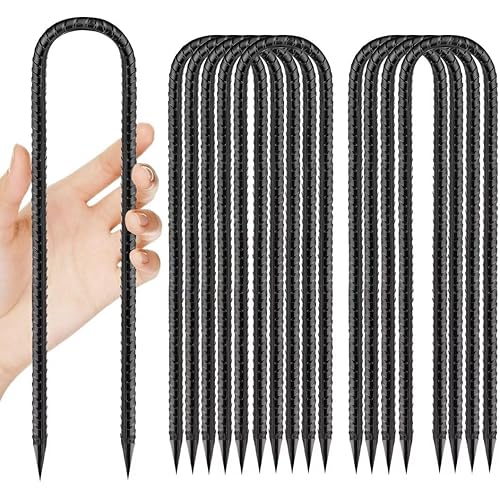 Ground-Stakes-Heavy-Duty-12 inch, U-Hook Rebar Stakes Black Coated Anti-Rust 10pcs Garden Stakes Metal Ground Anchors for Garden Dog Fence Chicken Coop Christmas Decorations Deer Fence