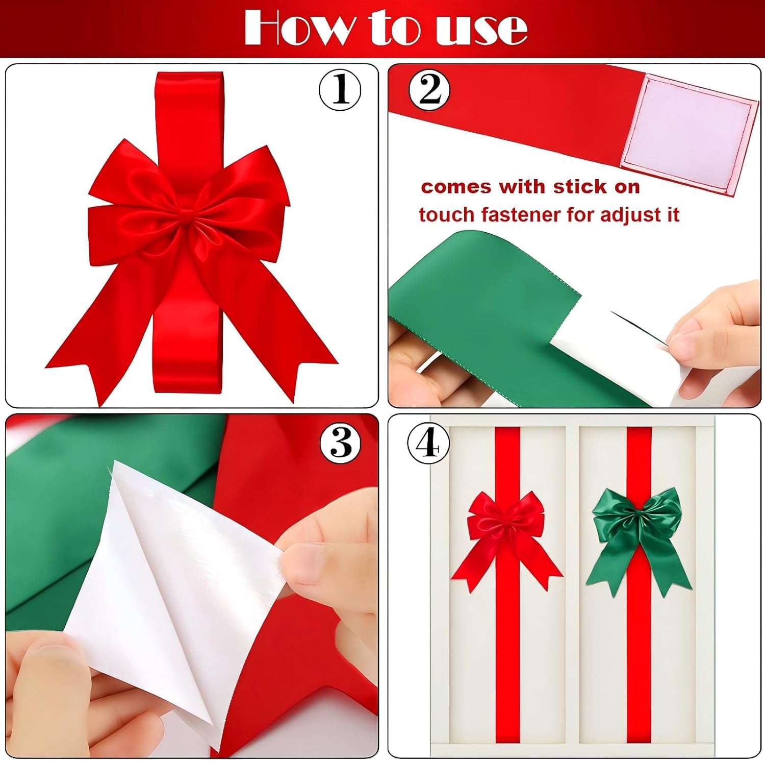 WILLBOND 8 Pieces Christmas Cabinet Ribbons Bows Red and Green Christmas Door Decoration Large Ribbon Cabinet Bows for Holiday Kitchen Accessories