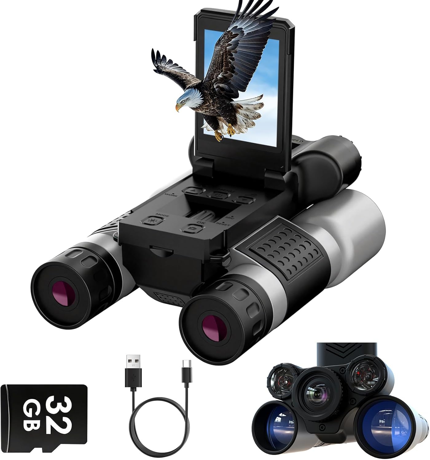 Binoculars with Camera and Night Vision - 12x42 Digital Binoculars with 2.4" IPS Screen, 7 IR Modes for 200-300m in Darkness, for Adults Bird Watching, Hunting, Camping - Includes 32GB Card (Black)