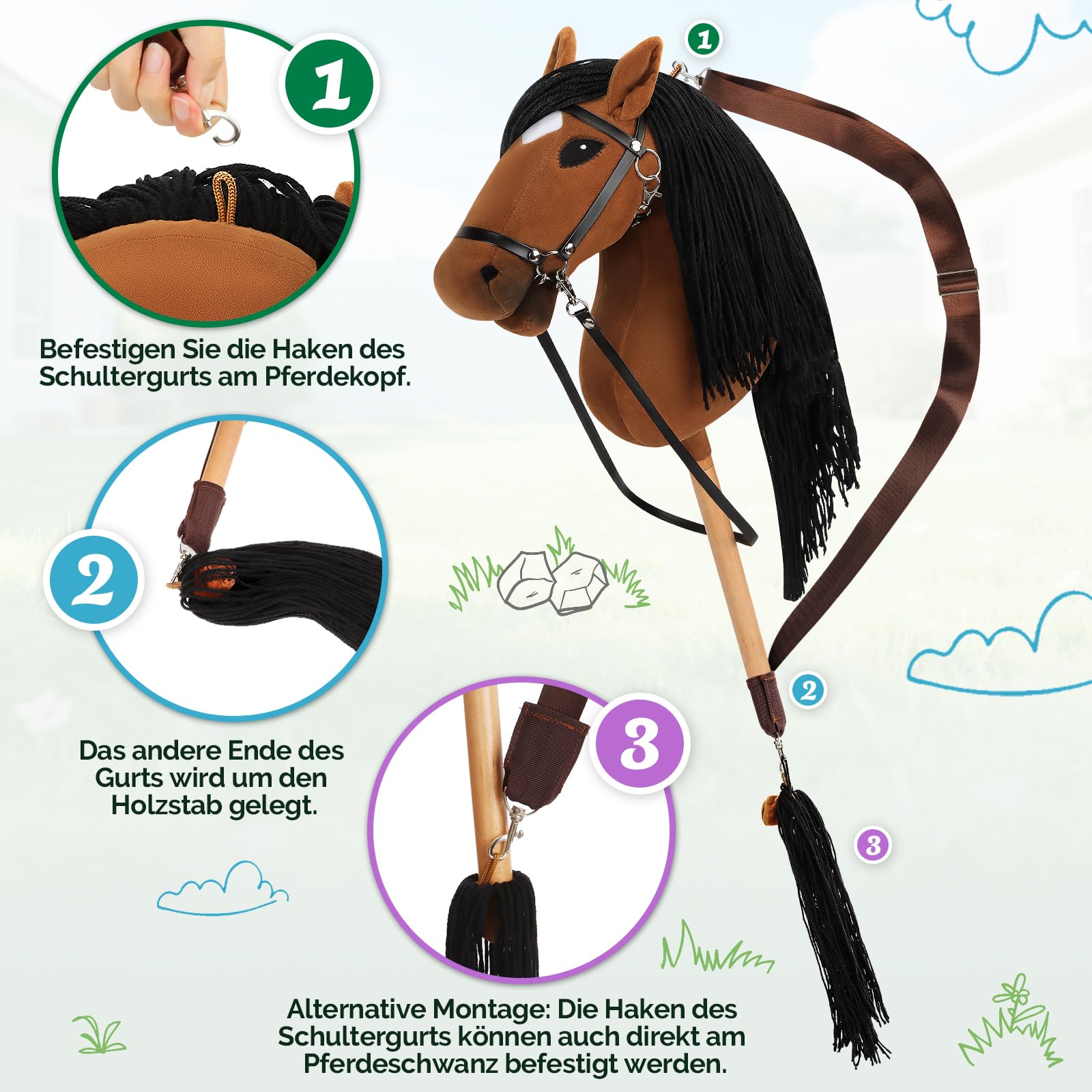Charmofun Hobby Horse, A3 Kopfgröße Steckenpferd Kinder, Hobby Horsing mit Weichem Plüschhalfter, Fließendem Schweif & Verstellbarem Schultergurt, Perfekt für Garten, Geburtstag Grau (Braun)