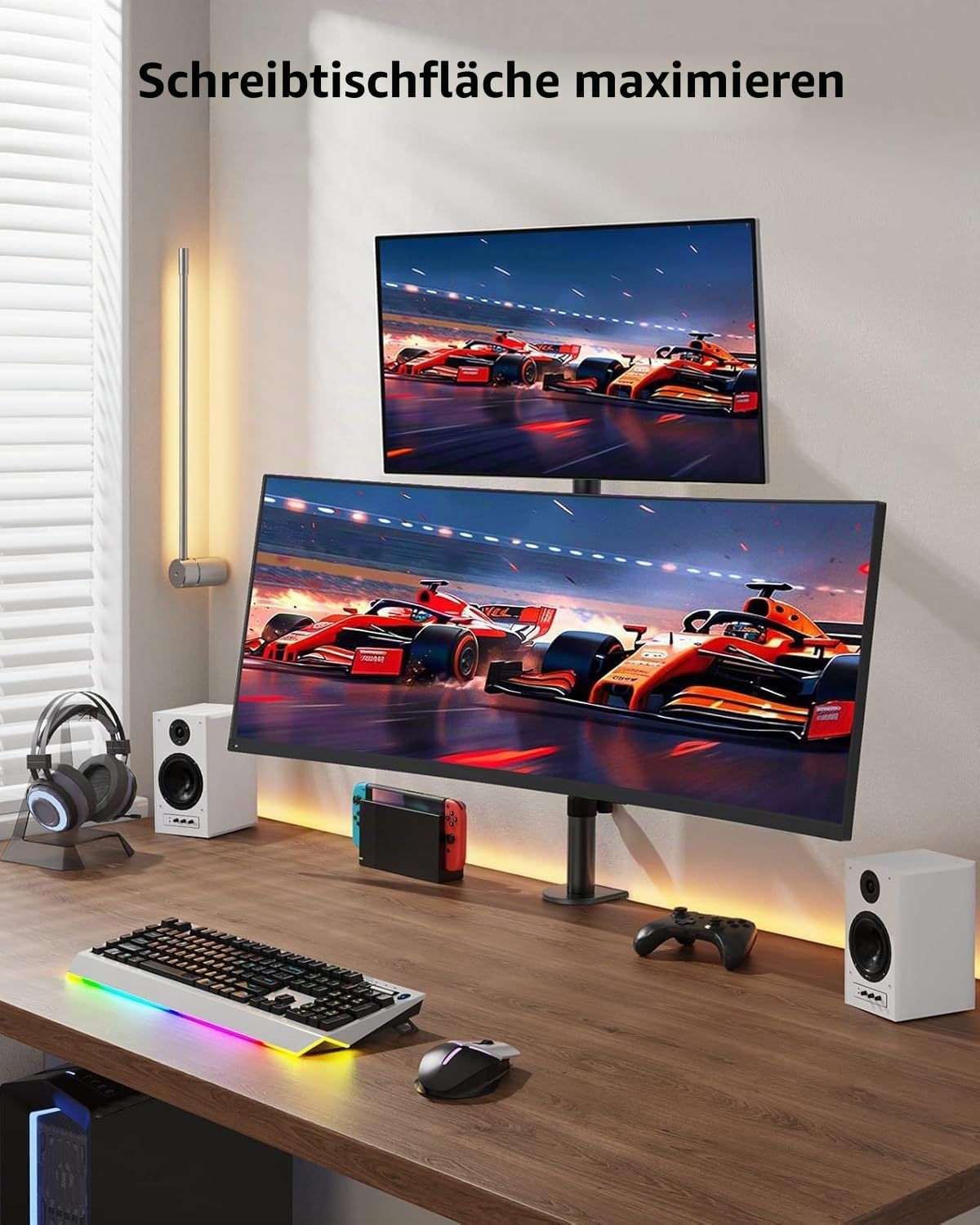 HUANUO vertikale Monitor Halterung 2 Monitore, stapelbare Monitor Halterung mit Höhenverstellung, Bildschirmhalterung 2 Monitore stützt Zwei 17 bis 32 Zoll mit C-Klemme, Jede kann bis zu 8kg tragen