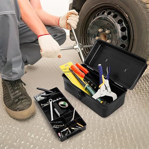 Miniatura 5 de Tosnail Caja de herramientas de metal, caja de herramientas vacía portátil de 14 pulgadas con asa, cierre de pestillo y bandeja de almacenamiento