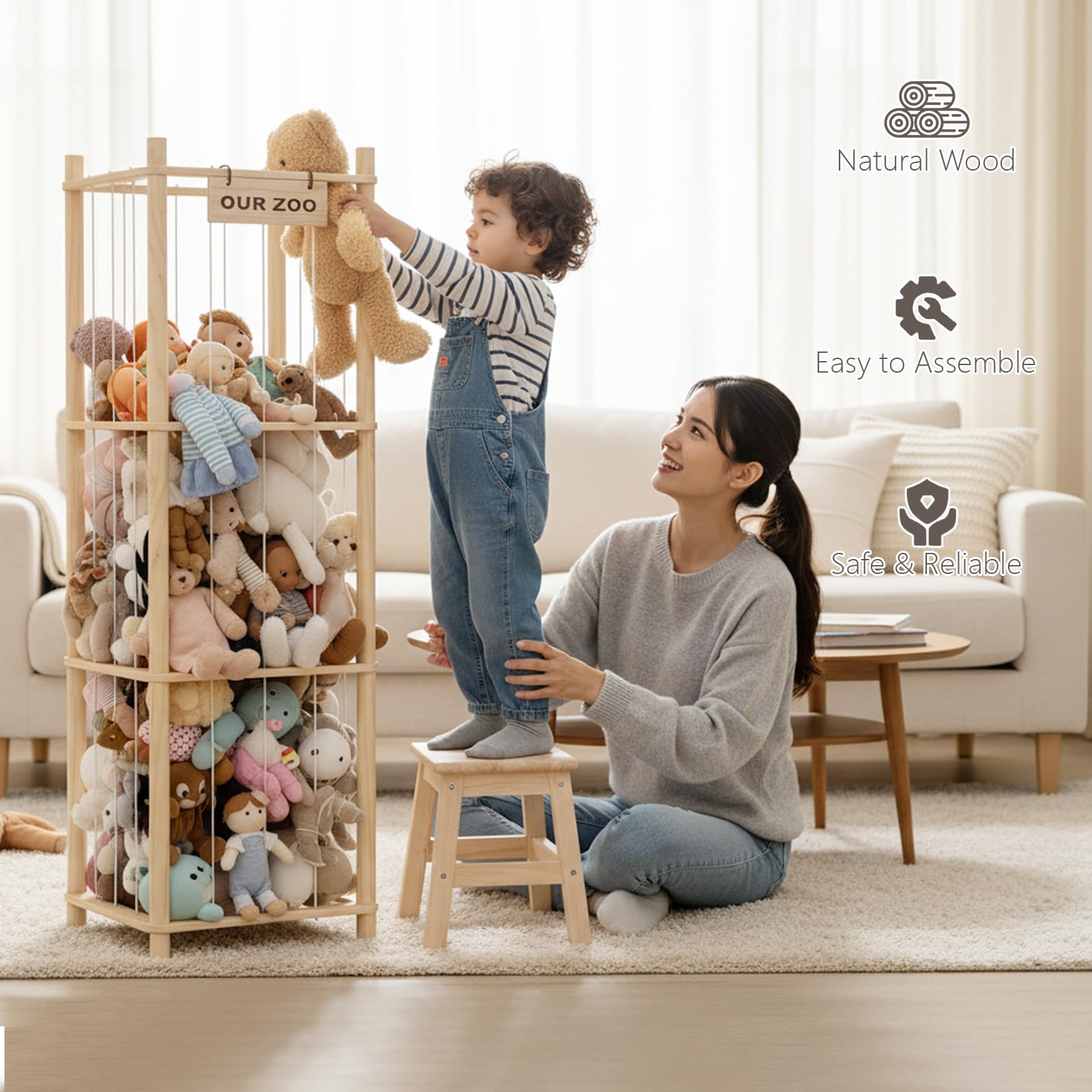 Holz Kuscheltier Aufbewahrung,Stofftier Aufbewahrung,136 * 40 * 40cm plüschtier aufbewahrung für Kinderzimmer, Spielzimmer, Wohnzimmer usw