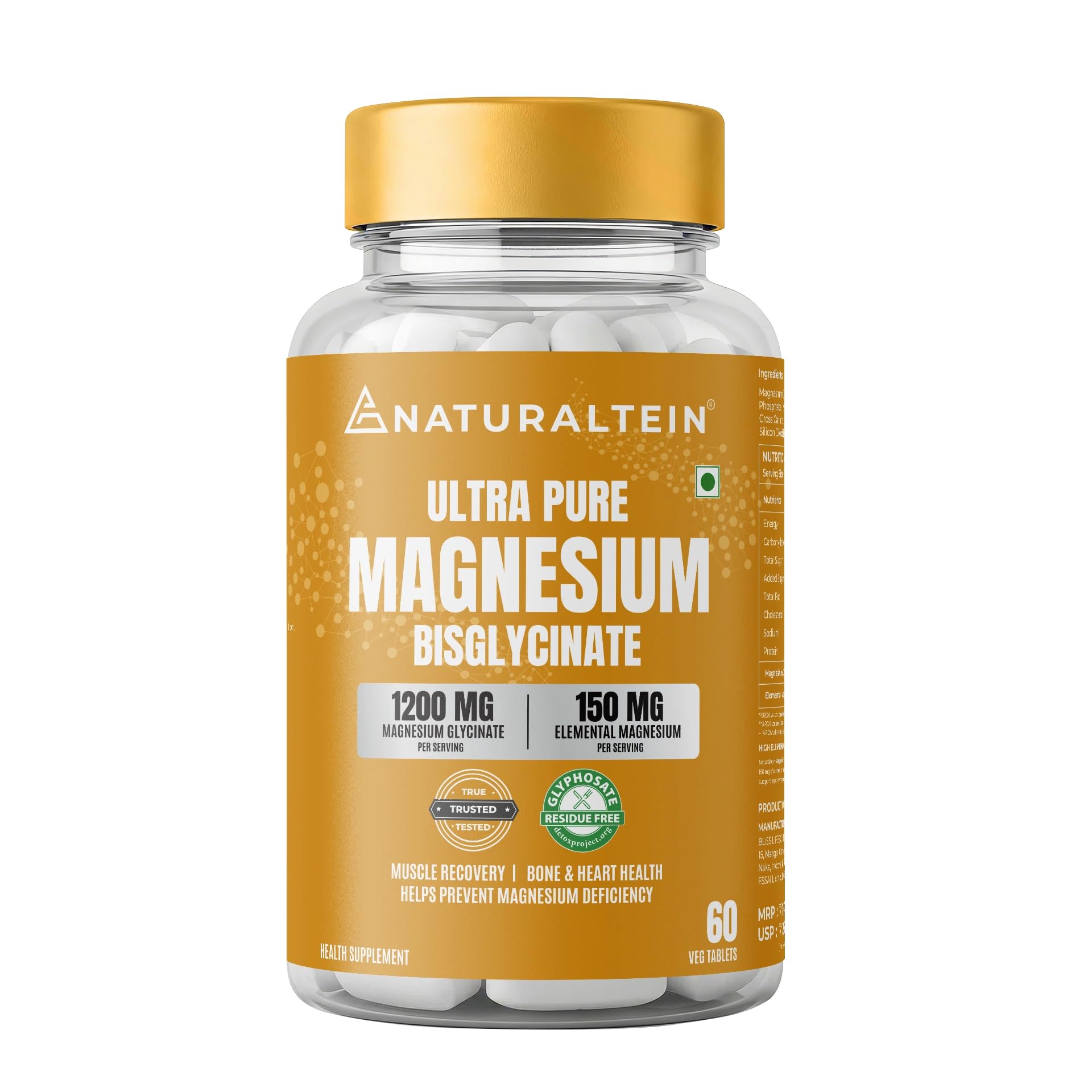 Naturaltein Magnesium Glycinate 550mg – Supports Sleep, Brain Relaxation, Muscle Recovery & Heart Health – Enhanced Absorption, No Digestive Distress – 60 Tablets