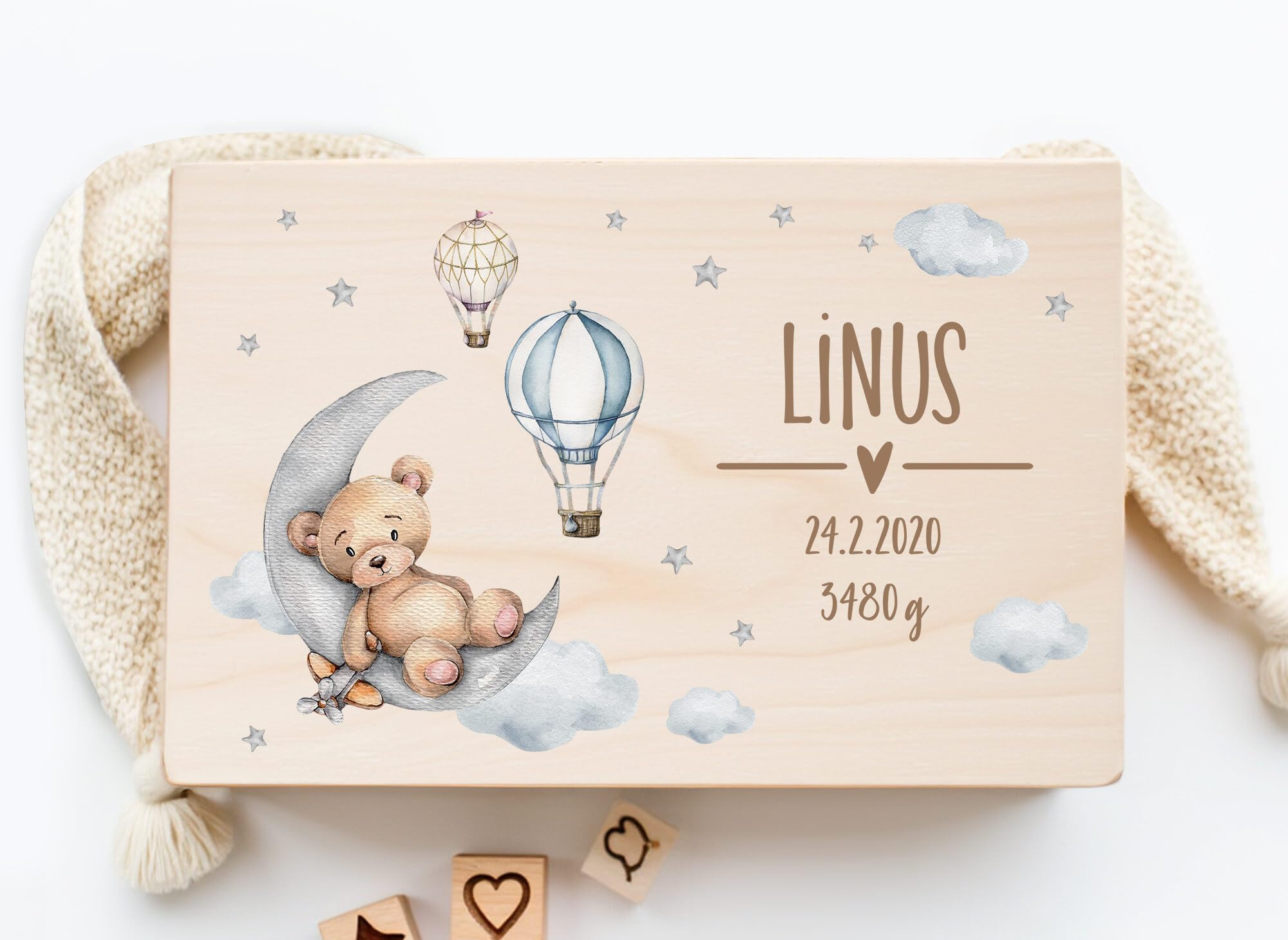 Little Deco Personalisierte Erinnerungsbox Baby Holzkiste mit Deckel | L - 40 x 30 x 22 cm | Erinnerungskiste für Jungen, Geschenk zur Geburt, Taufgeschenk mit Bär & Mond XHL1025-02