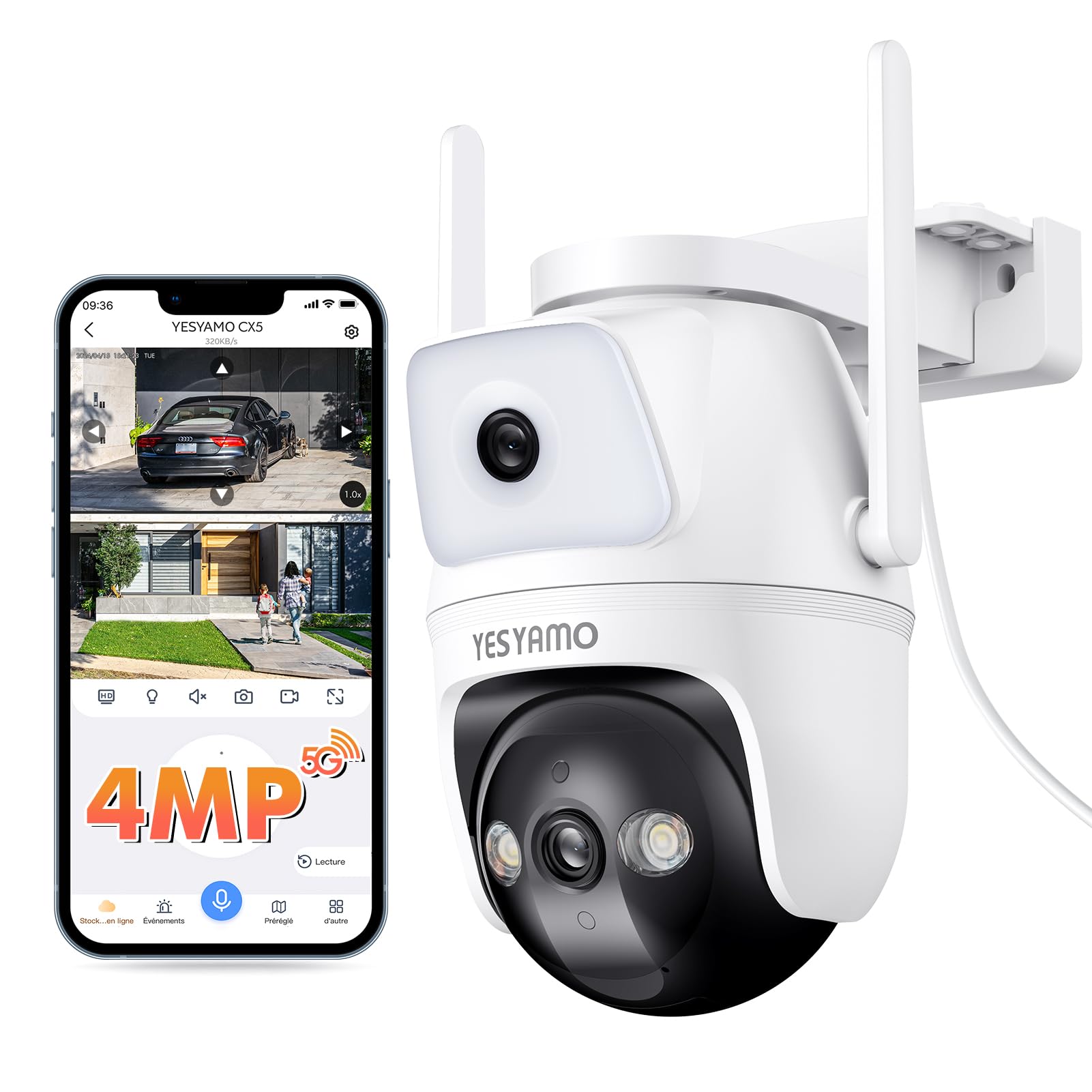 YESYAMO Cámara Vigilancia WiFi Exterior 360° 2,5K 4MP Doble Lentes, Cámara de Seguridad con WiFi6 2.4G y 5G, Visión Nocturna hasta 30m, Seguimiento Automatico, Detección AI, Audio Bidireccional