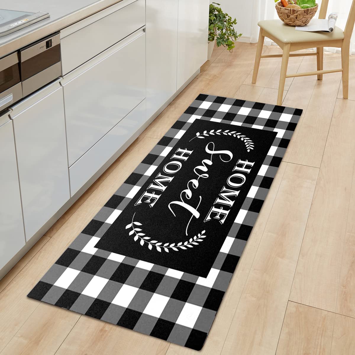 Distressed Runner Rug, Black Buffalo Plaid Non-Slip Low-Pile Floor Rug Clearance for Home Kitchen Living Room Entryway Bedroom and Laundry Room 2'x6'